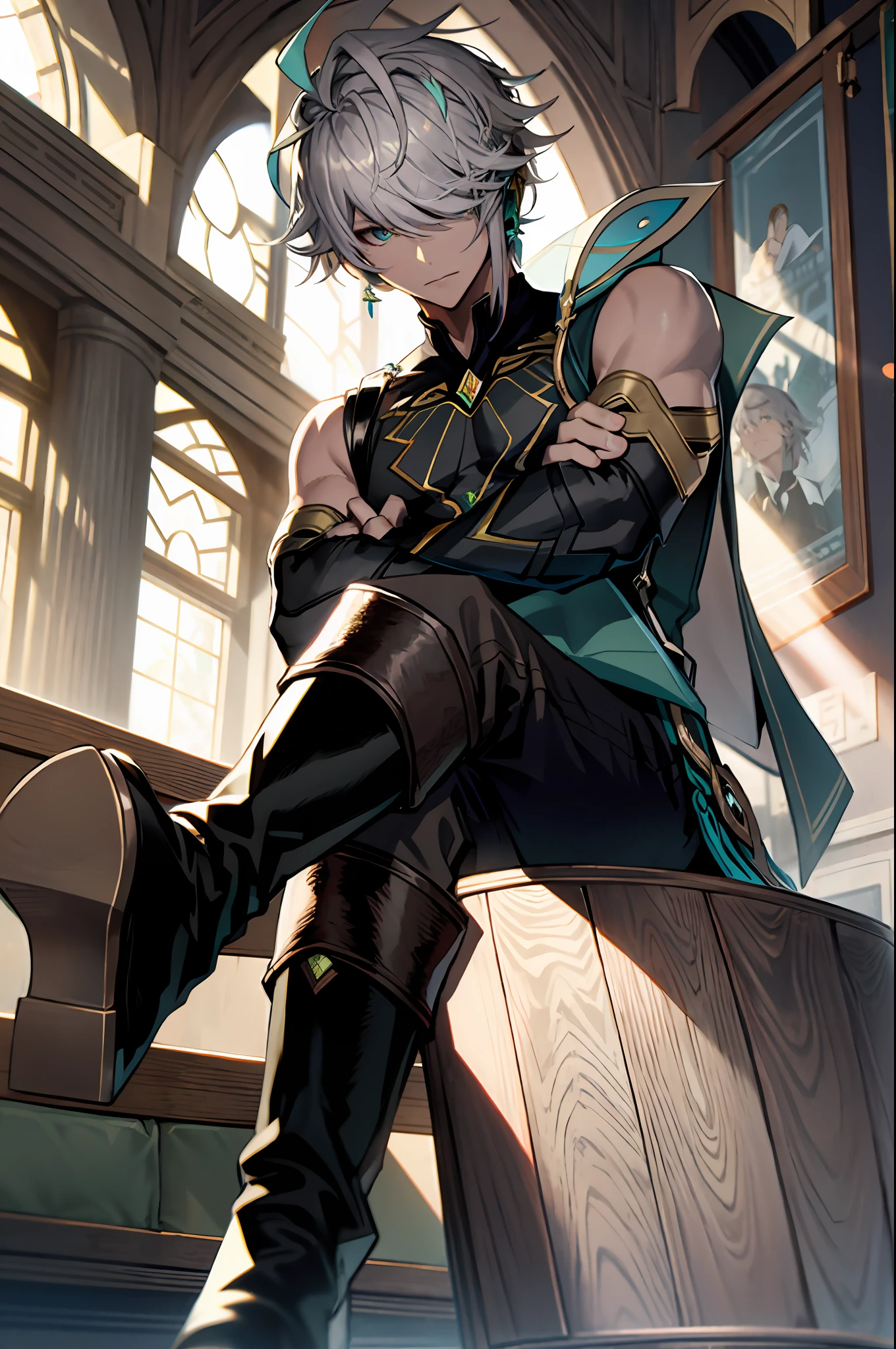 masterpiece, best quality,alhaitham\(genshin impact\), 1boy, male focus, ((crossed arms)), window, book, shirt, solo, gloves, sleeveless shirt, grey hair, sleeveless, ahoge, curtains, black shirt, bangs, hair over one eye, black gloves, indoors, fingerless gloves, black pants, pants, swept bangs, boots, bare shoulders, short hair, elbow gloves,(kbxll:0.6), detailed, focus on face, accurate face, green eyes