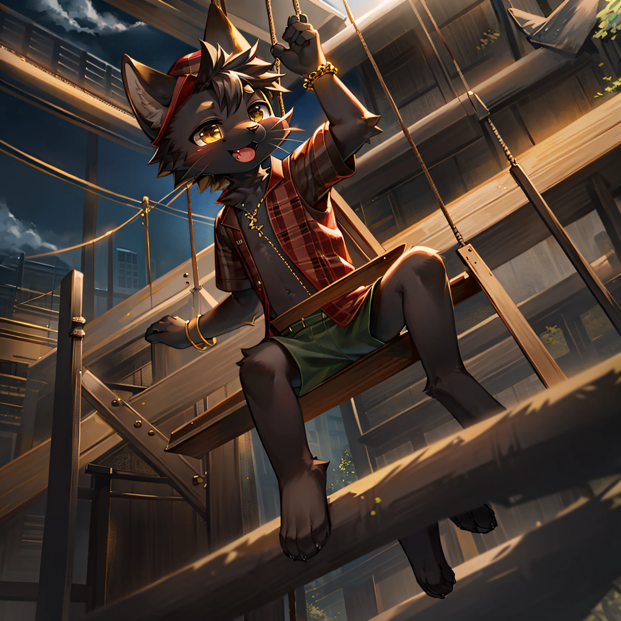 masterpiece, high quality portrait, 3D realistic CG, dramatic lighting, intricate details, sharp focus, 16k, anthro, furry, black fur, (cub), (whiskers), solo child boy, friendship bracelet, (on swing), casual wear, plaid outerwear, cap, (laughing), playground, (by kekitopu)