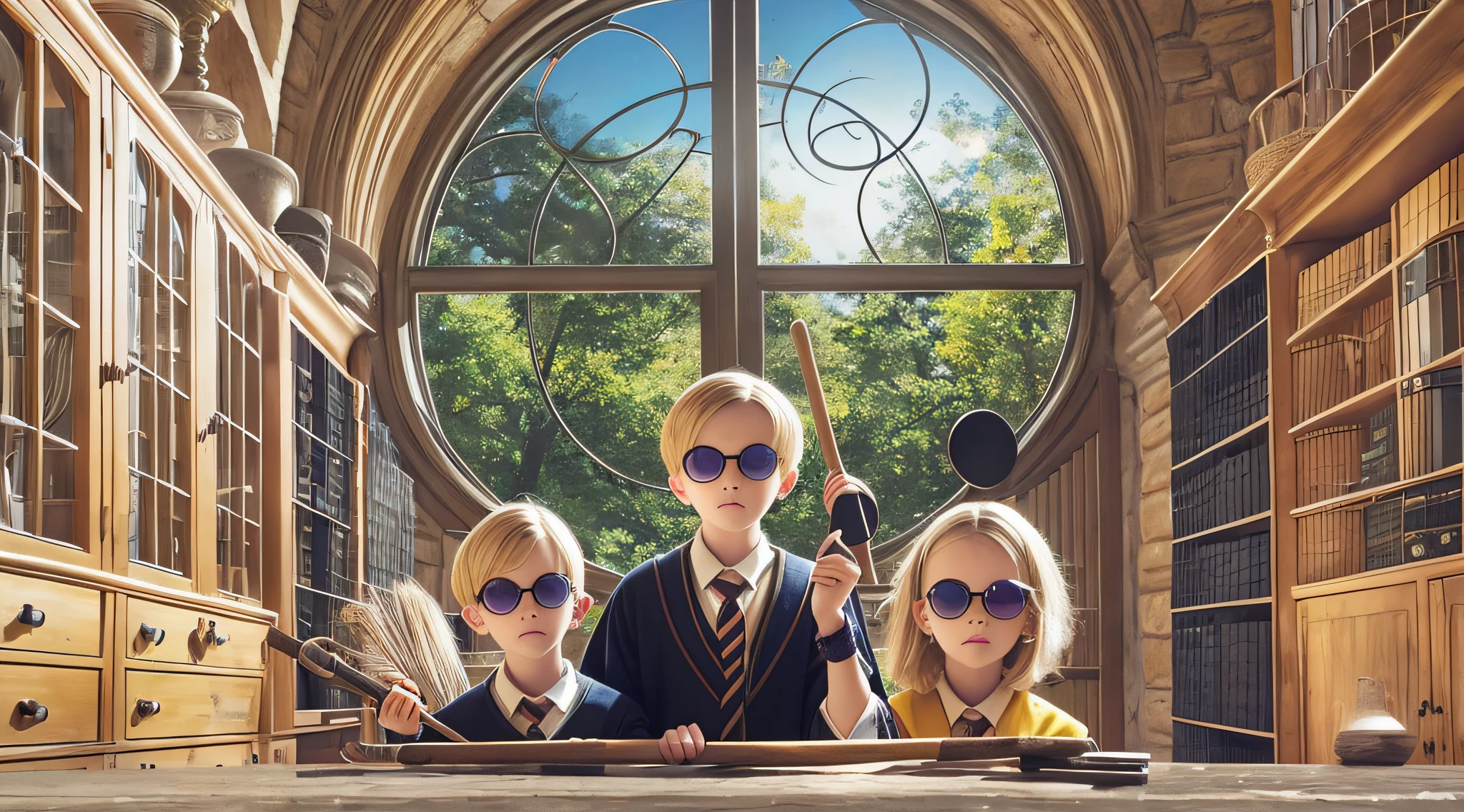 blonde boy with sunglasses holding a broom and a broomstick, broom, girl wearing round glasses, wearing big black circle glasses, round potter glasses, girl with glasses, snatching wild blonde hair, with sunglasses, round black glasses, wearing round glasses, circular glasses, round glasses, funny sunglasses, hair over eyes,  Photo shoot, she wears Harry Potter glasses --auto --s2