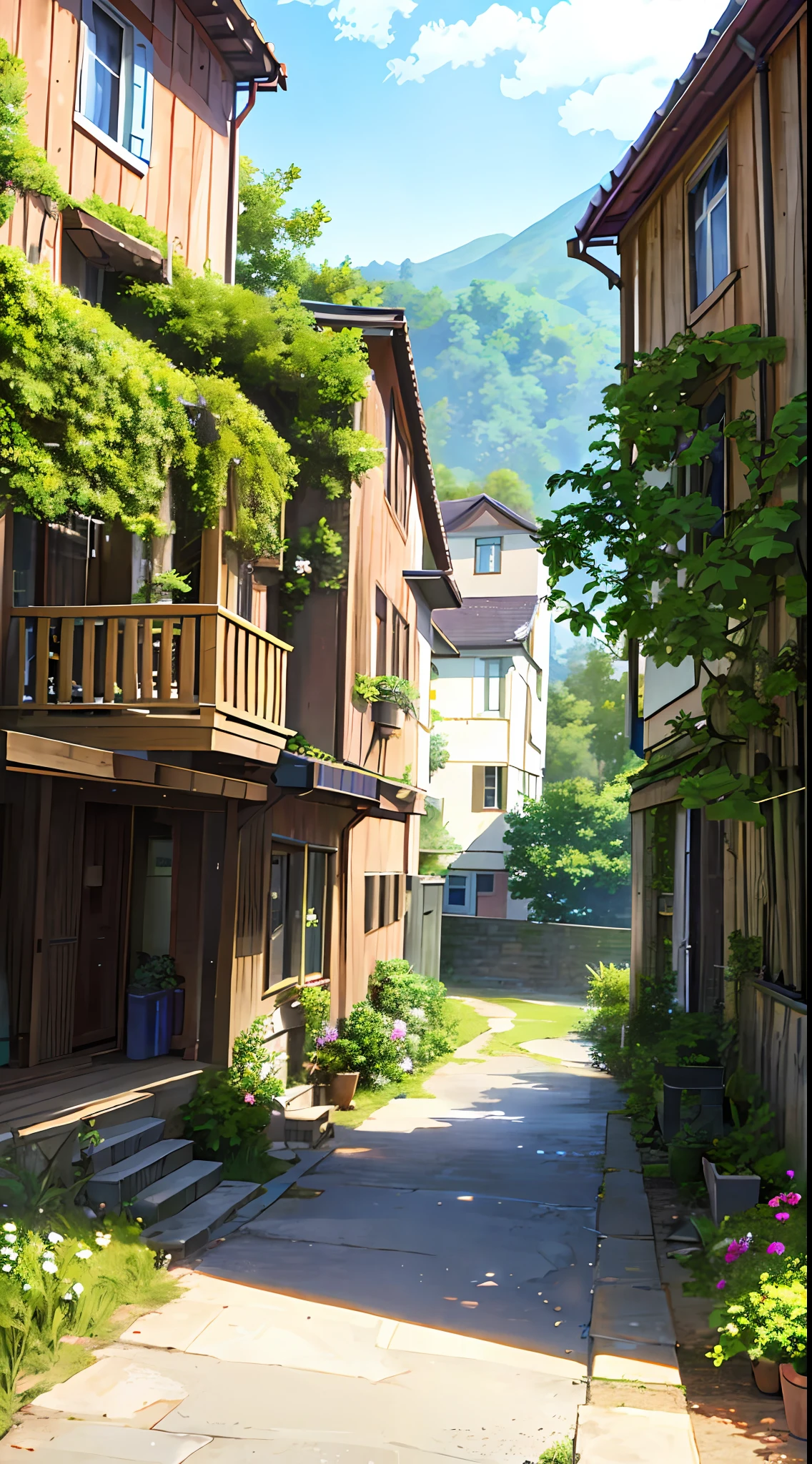 (ultra high res,photorealistic,best quality,photo-realistic),(8k,raw photo,best quality,masterplece),(photon mapping,radiosity,physically-based rendering,automatic white balance),real person,photograph,bridge, building, bush, city, cloud, day, door, fence, field,orest, garden, grass, house, hydrangea, mountain, nature, no_humans, outdoors, path, plant, potted_plant, purple_flower, road, scenery, sky, skyscraper, traditional_media, tree,