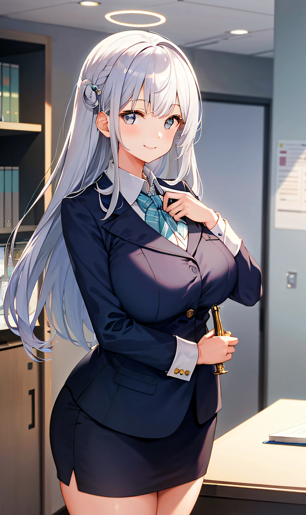 ((Masterpiece, Excellent)), (1girl), (()), silver hair, halo, trumpet, ((office lady)), bangs, mid-breasted, (plump), slim, smile, [wide hip], office, standing, aru \(blue archive\),