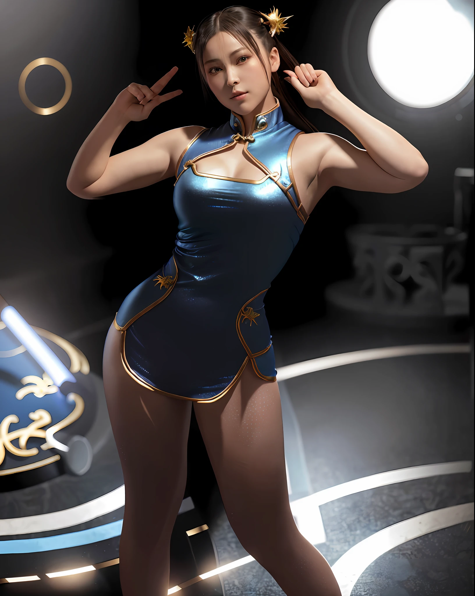 Cinematic poster. 8k, real image, intricate details, ultra-detailed, (photorealistic), (8k, RAW photo, best quality, masterpiece:1.2),(realistic, photorealistic:1.37).
(ChunLi:1.0), 1girl, solo, Chun-li wearing full blue clothing, full body, with gold details glued all over the body with sparkle, (camel toes), Hot body, Hot girl, Athletic body, skin with sparkle, highly detailed, realistic. kinematic lighting.
In the background a cinematic ancient Chinese city with stone dragon statues.