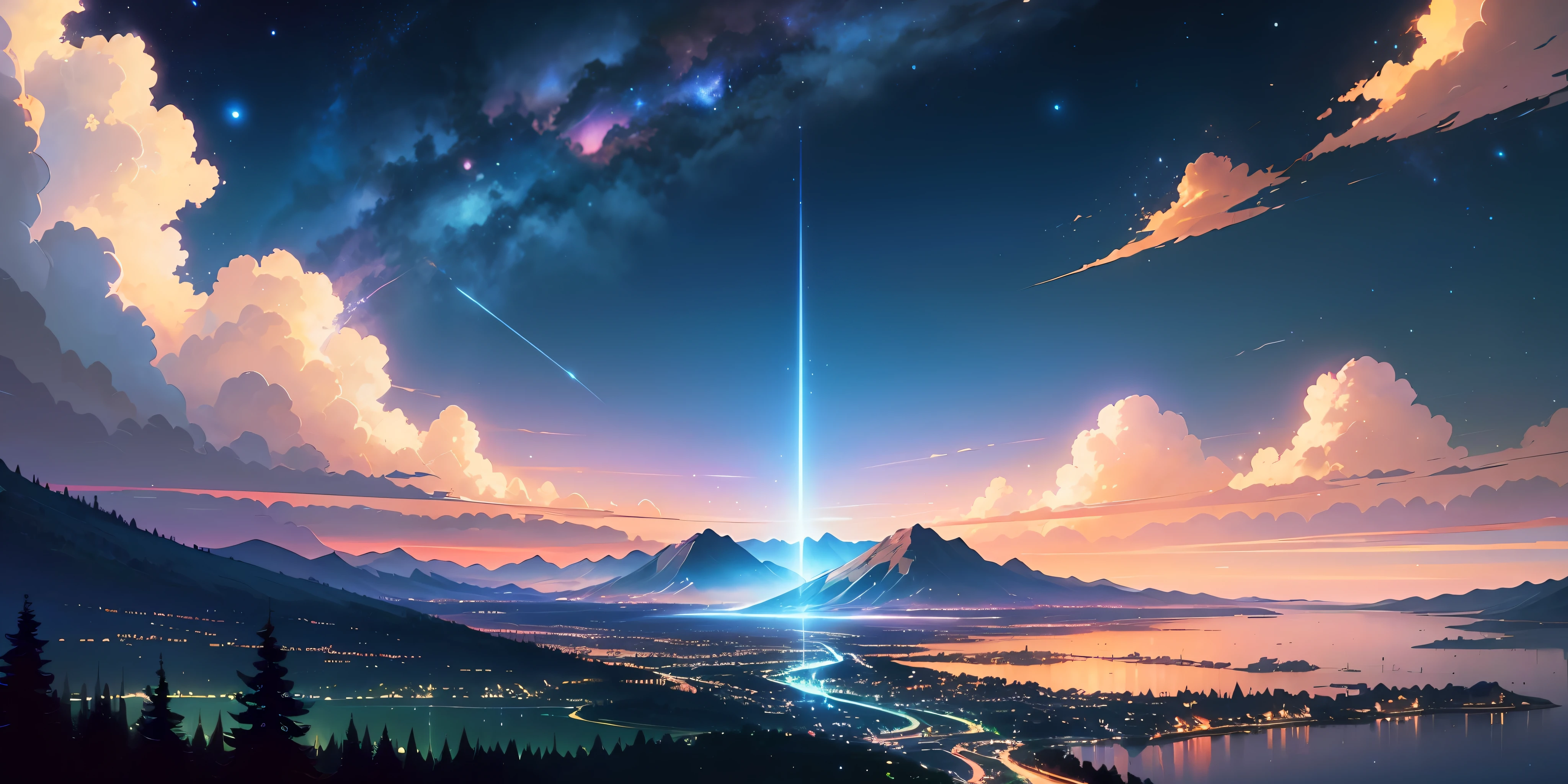 Mouintains in summer, Makoto Shinkai's concept art, tumblr, magic realism, beautiful anime scenes, cosmic sky. by makoto shinkai, ( ( makoto shinkai ) ), anime background art, anime backgrounds, Makoto Shinkai's style, anime movie backgrounds, galaxy express, no humans. --auto --s2