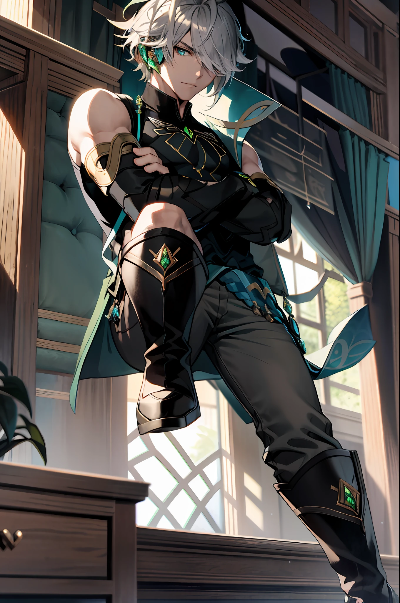 masterpiece, best quality,alhaitham\(genshin impact\), 1boy, male focus, ((crossed arms)), shirt, solo, gloves, sleeveless shirt, grey hair, sleeveless, ahoge, curtains, black shirt, bangs, hair over one eye, black gloves, fingerless gloves, black pants, pants, swept bangs, boots, bare shoulders, short hair, elbow gloves,(kbxll:0.6), detailed, focus on face, accurate face, green eyes