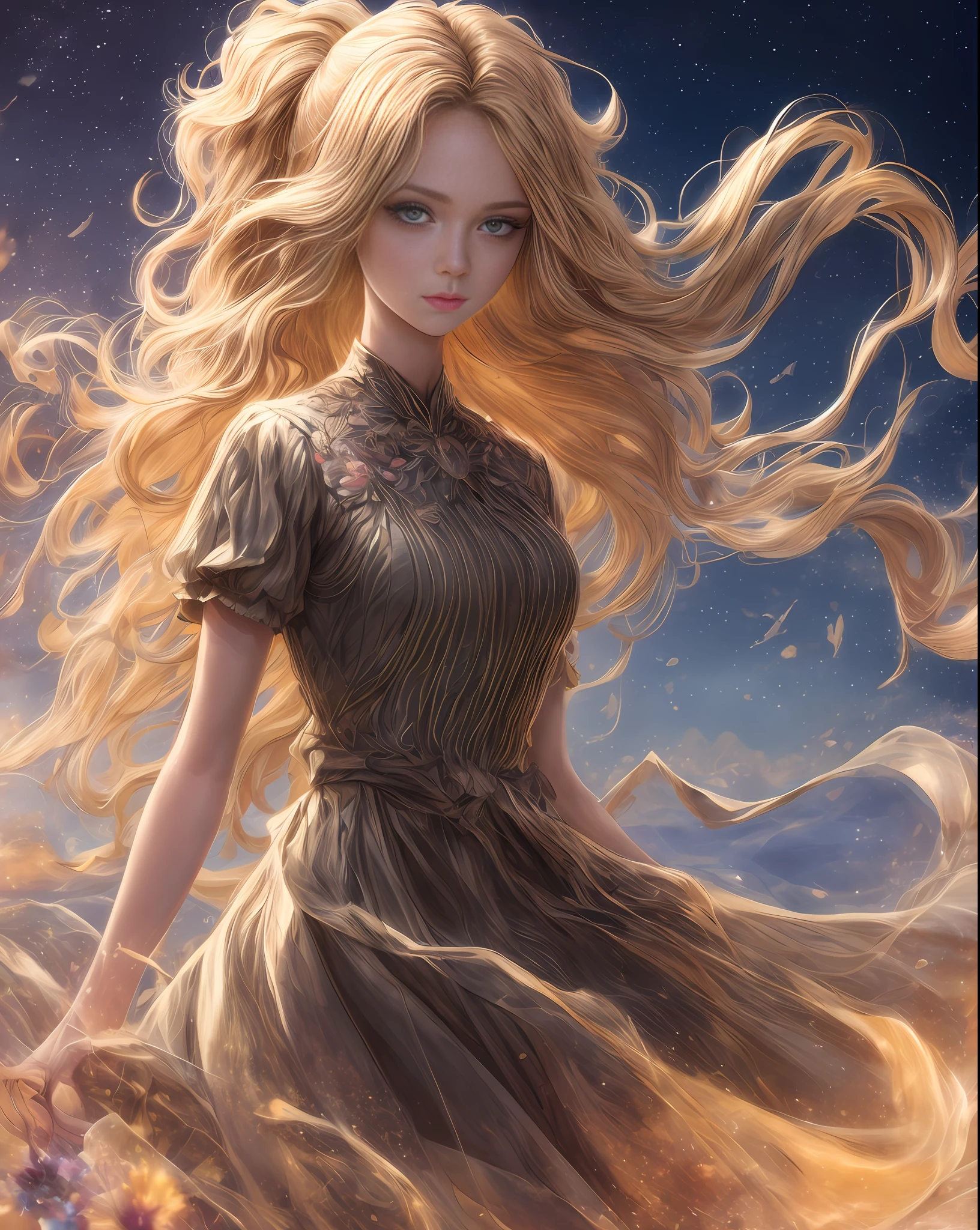 (best quality, masterpiece), young woman, pose, particle, wind, flower, upper body, simple background, looking at viewer, long curly windblown blonde hair, galaxy,backlit,rimlight,beautiful artwork,perfect composition