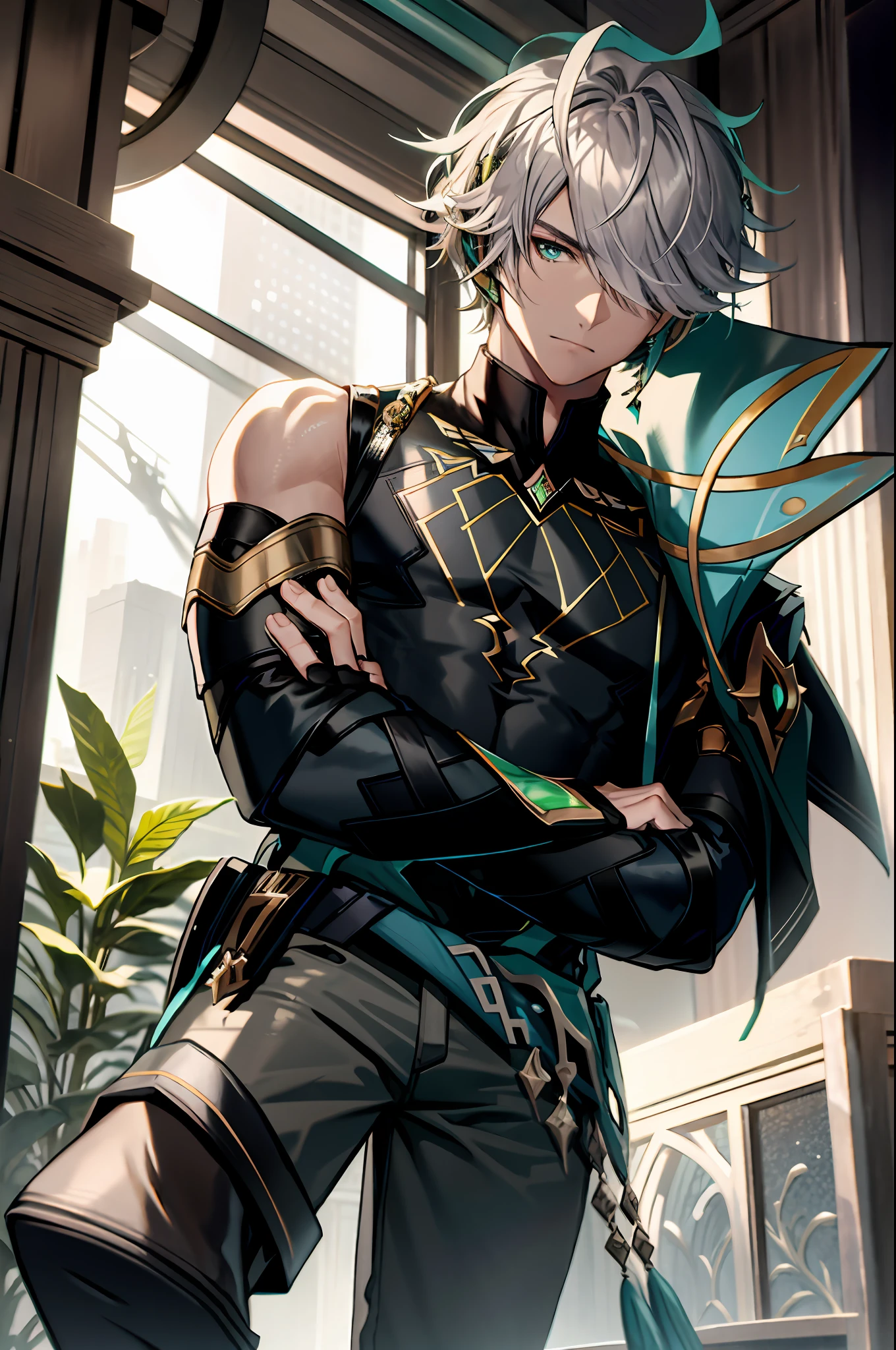 masterpiece, best quality,alhaitham\(genshin impact\), 1boy, male focus, ((crossed arms)), shirt, solo, gloves, sleeveless shirt, grey hair, sleeveless, ahoge, curtains, black shirt, bangs, hair over one eye, black gloves, fingerless gloves, black pants, pants, swept bangs, boots, bare shoulders, short hair, elbow gloves,(kbxll:0.6), detailed, focus on face, accurate face, green eyes