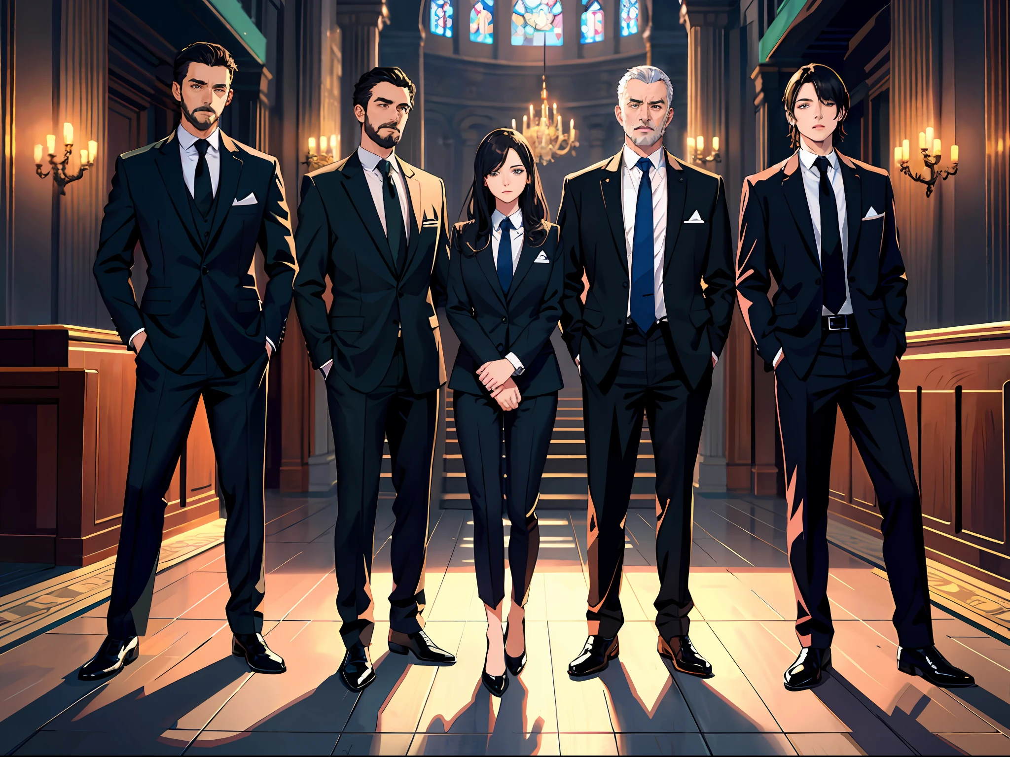 High resolution, highest quality, illustrations, super detailed, a group of people in black suits, different styles, standing in the synagogue, holding some kind of meeting,
