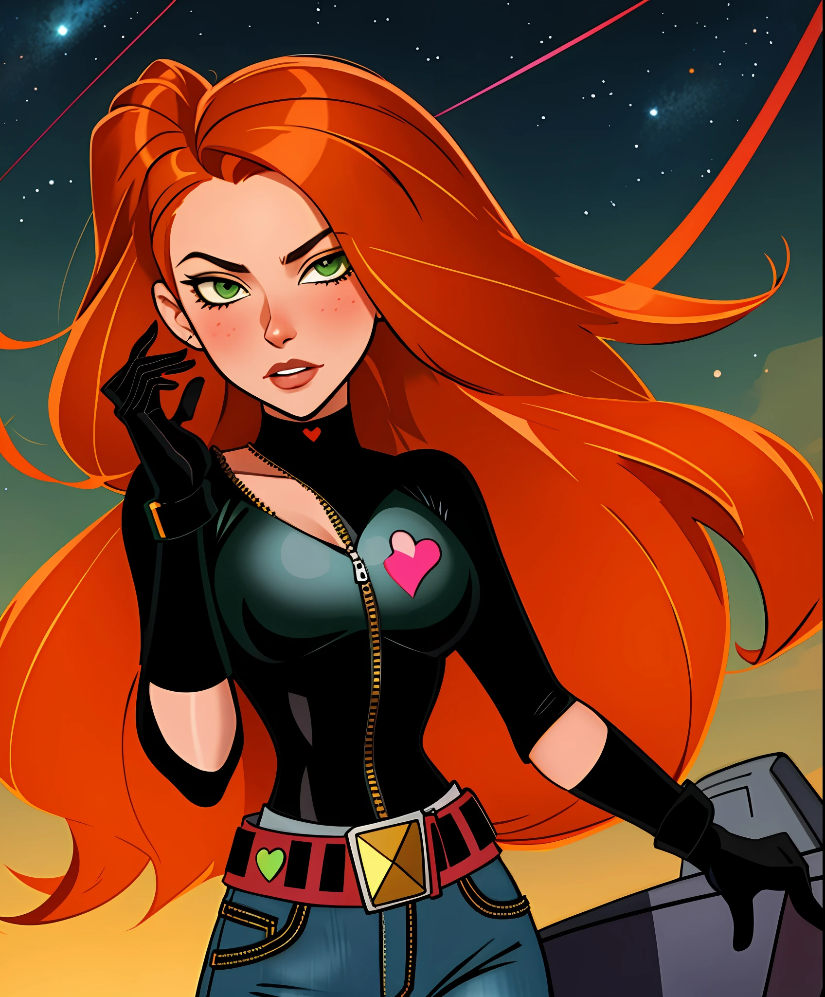 original art, lineart, ink, solo, green eyes, long hair, orange hair, kim maybe, jeans, black top, black gloves, midreef, belt, night sky background, sexual expression, blush, hearts in eyes, small breasts, unzipped