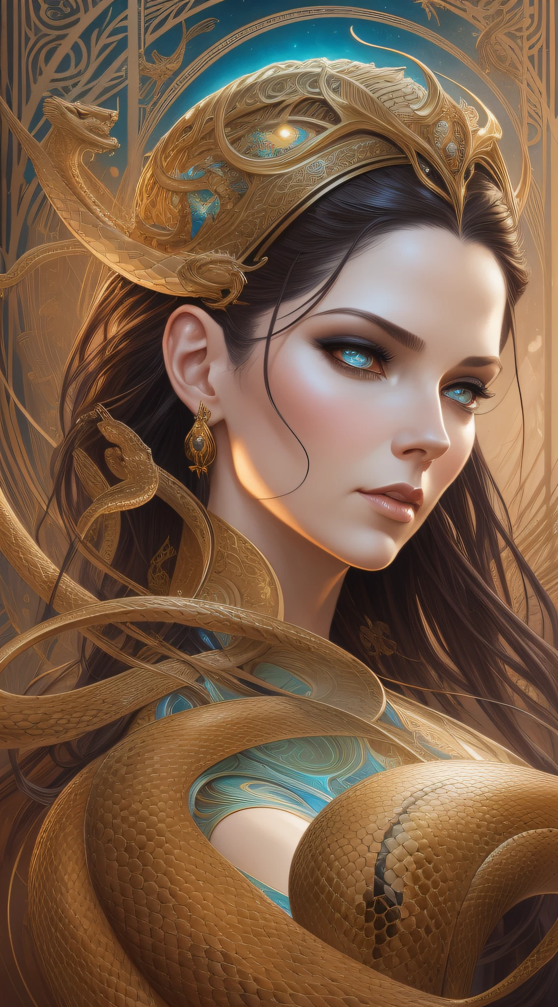 a woman with a snake and a snake on her arm, karol bak uhd, intricate wlop, style of karol bak, karol bak and peter mohrbacher, hyperrealistic fantasy art, artgerm julie bell beeple, goddess. extremely high detail, wlop jeremy lipkin, digital fantasy art ), extremely detailed goddess shot