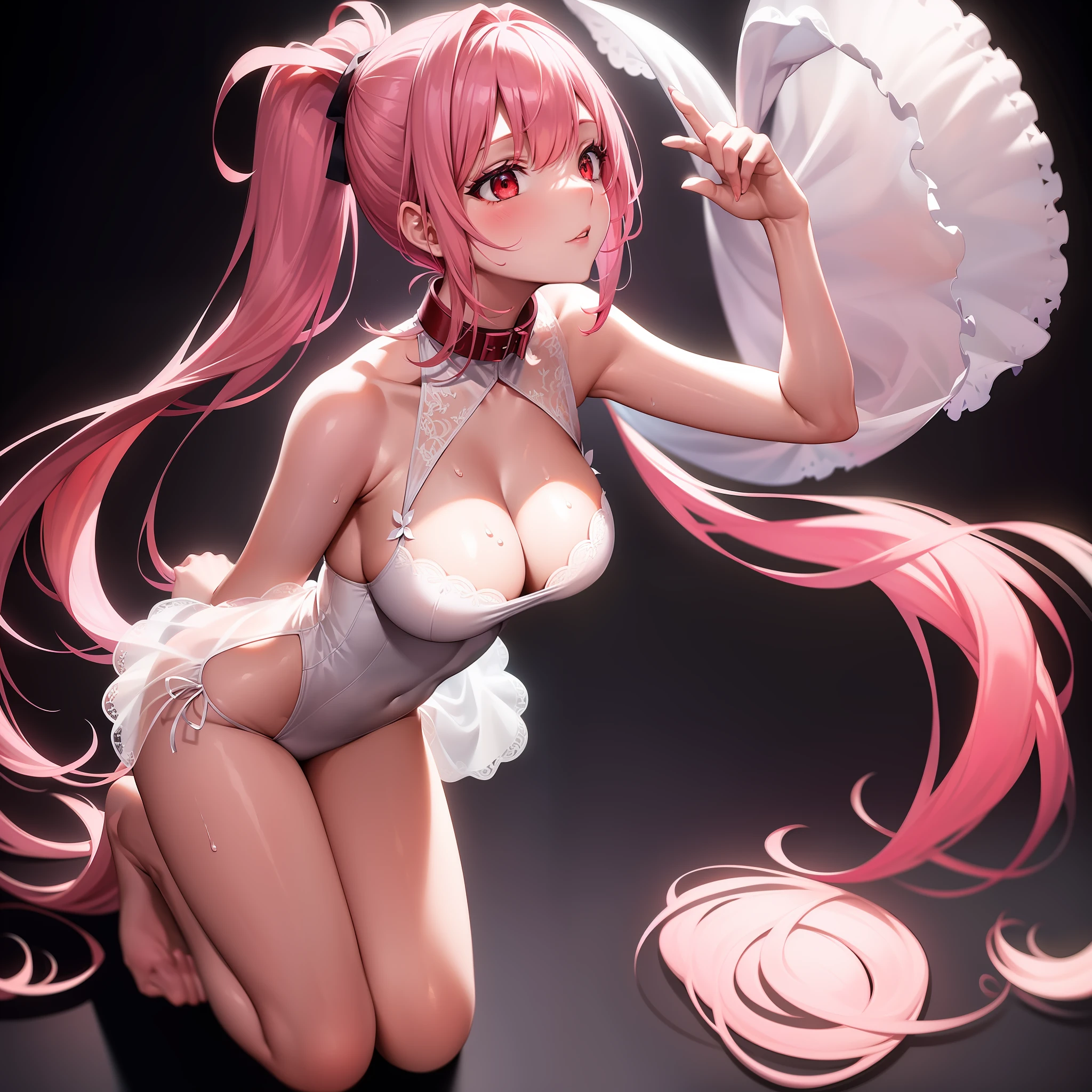 Solo, thin white lace underwear, top quality, masterpiece, detailed background, very complex and detailed face, long eyelashes, detailed eyes, (high ponytail: 1.3), (black background: 1.3), (red eyes: 1.3), (pink hair and white mesh: 1.2), sexual arousal, big cleavage, slim, red collar, full body, sweaty, beauty in return