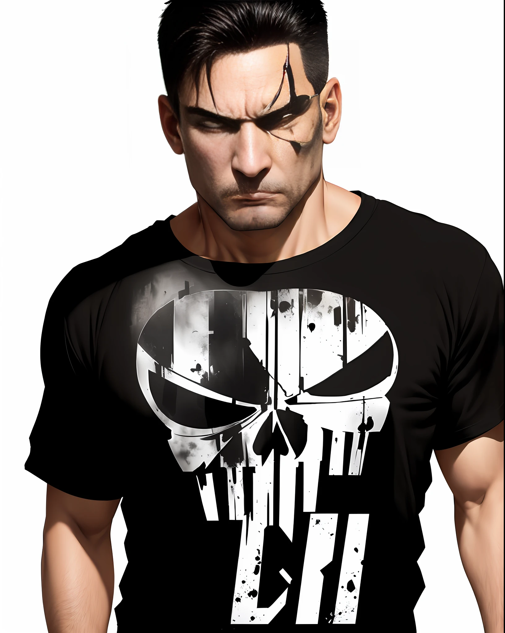 Author, masterpiece, best quality, Marvel Comic, USA, (The Punisher, black T-shirt with skull print :1.13), (messy short hair), (face with angry, male, strong expression), vivid colors, vintage color tones, full moon night, cinematic shading, artStation, hd, soft motion blur, soft inner vignette, soft warm luminosity, chicago suburb, wind, dust, debris