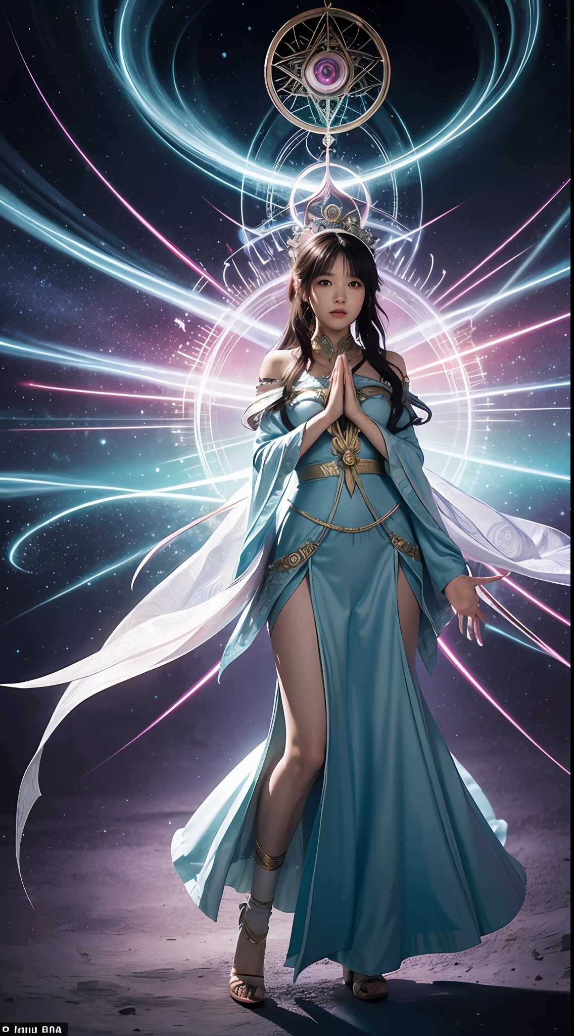 One, Puella Magi Madoka launches an incredible large tsunami magic, mysterious, magical, wizard costume with intricate and contrasting geometric patterns, praying with hands together, symmetrical composition, complex repeating patterns drawn in the sky, standing, full body, incredible magic