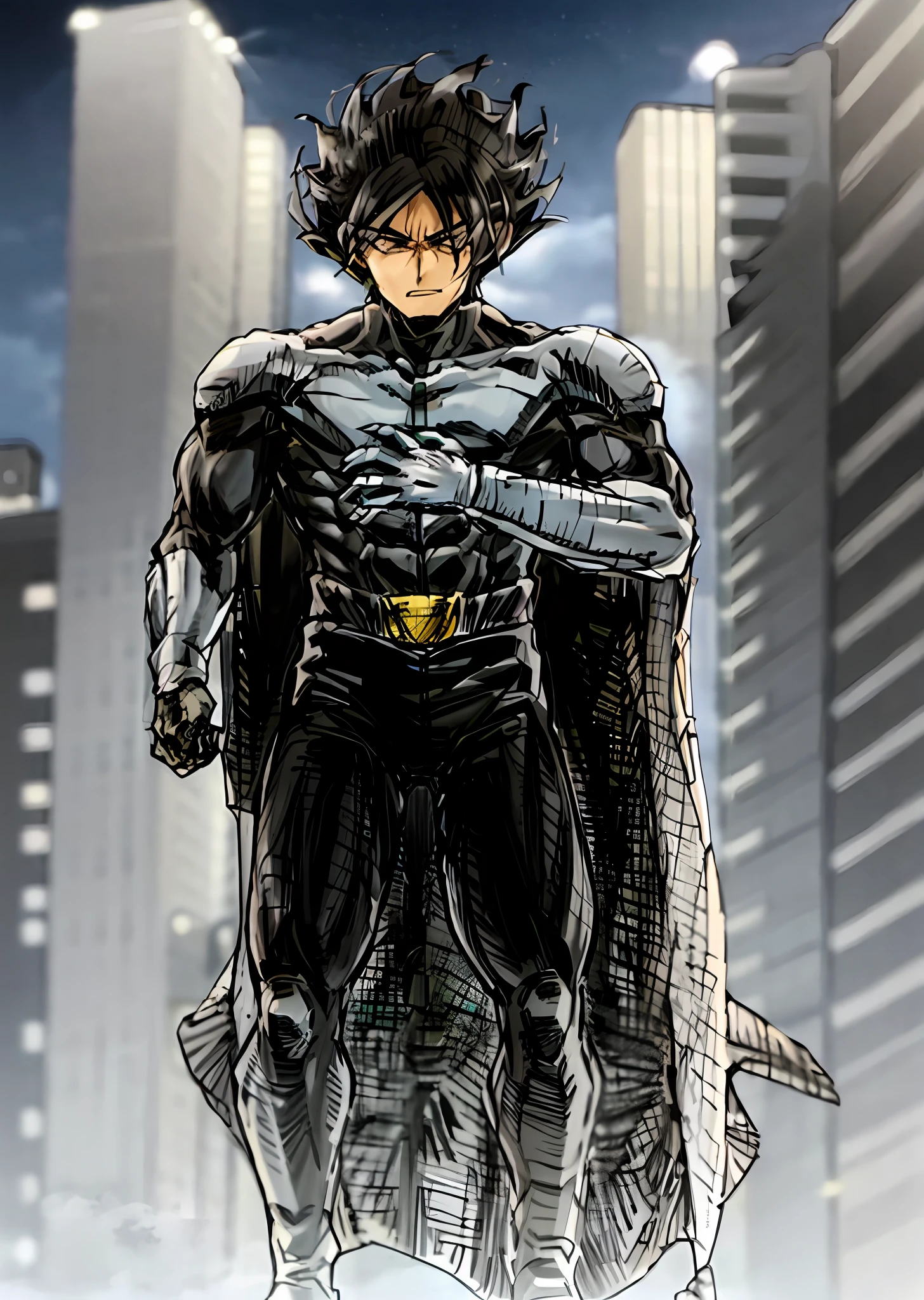 A man in a cape and shirt in a dark gray and white suit. The black hair is stylish and the modern boots create an elegant contrast. hero, arcane style, boku no hero style, one punch man style, detailed dash, detailed character design