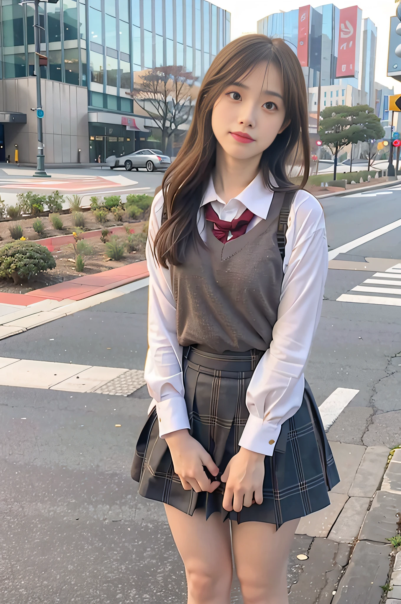 sidewalk, RAW photo, 8K, highest quality, super high resolution, beautiful face details, real human skin, gentle expression, front view, angle from below, long hair, realistic, realistic, cute, short skirt, standing deep in the city, cute schoolgirl, japanese schoolgirl uniform, wearing Japanese school uniform, surreal high school girl, full body,
