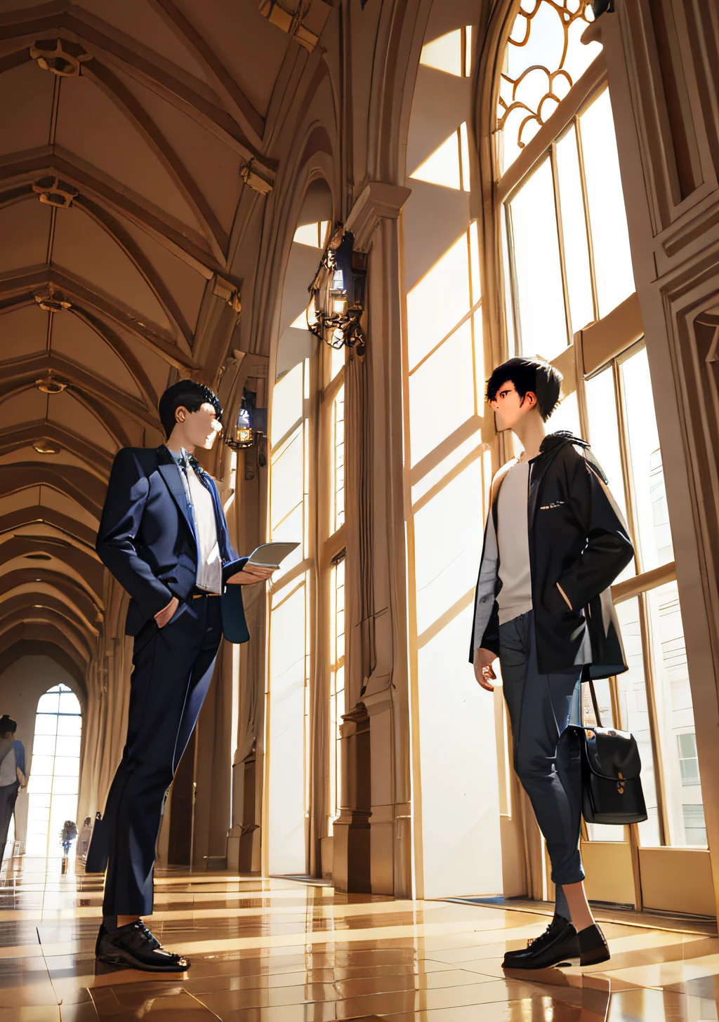 Men, dressed in casual clothes, in the hall, talking to the workers