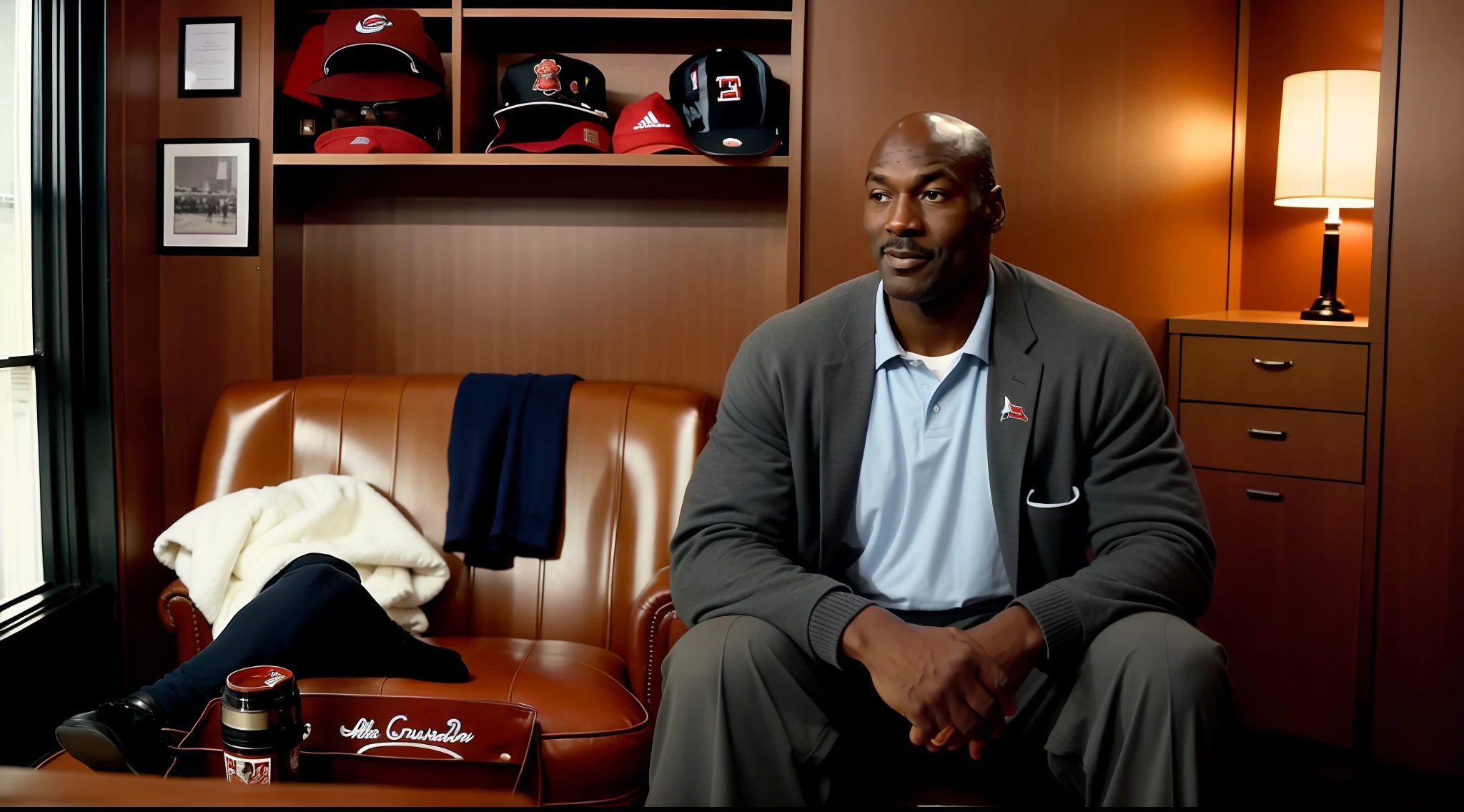 Film still of a cozy setting with Michael Jordan sitting in Chicago Bulls locker room, accurately recreated and filled with historic elements. hands down. Best documentary-style lighting to capture the atmosphere.