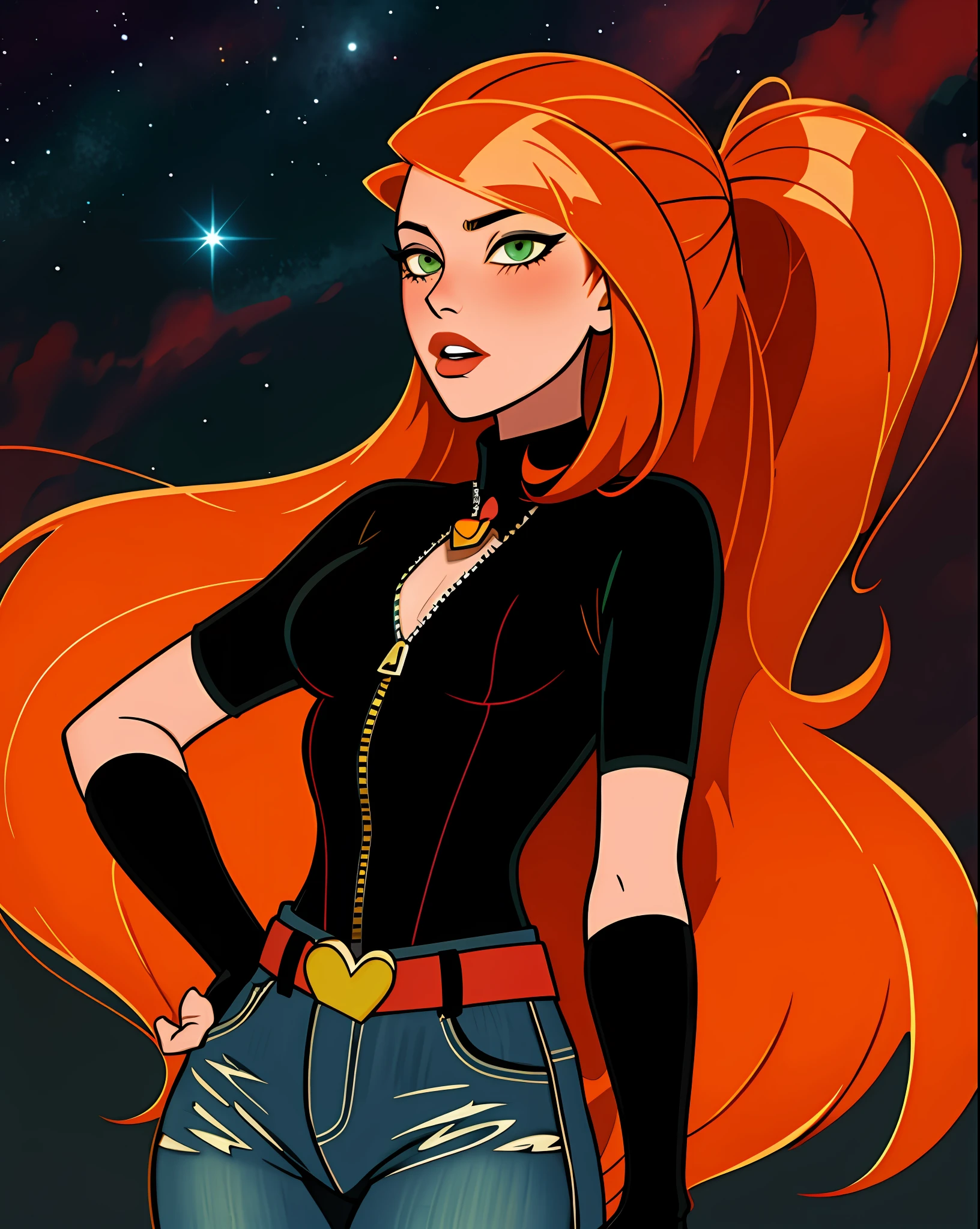 original art, lineart, ink, solo, green eyes, long hair, orange hair, kim maybe, jeans, black top, black gloves, midreef, belt, night sky background, sexual expression, blush, hearts in eyes, small breasts, unzipped, 5 fingers