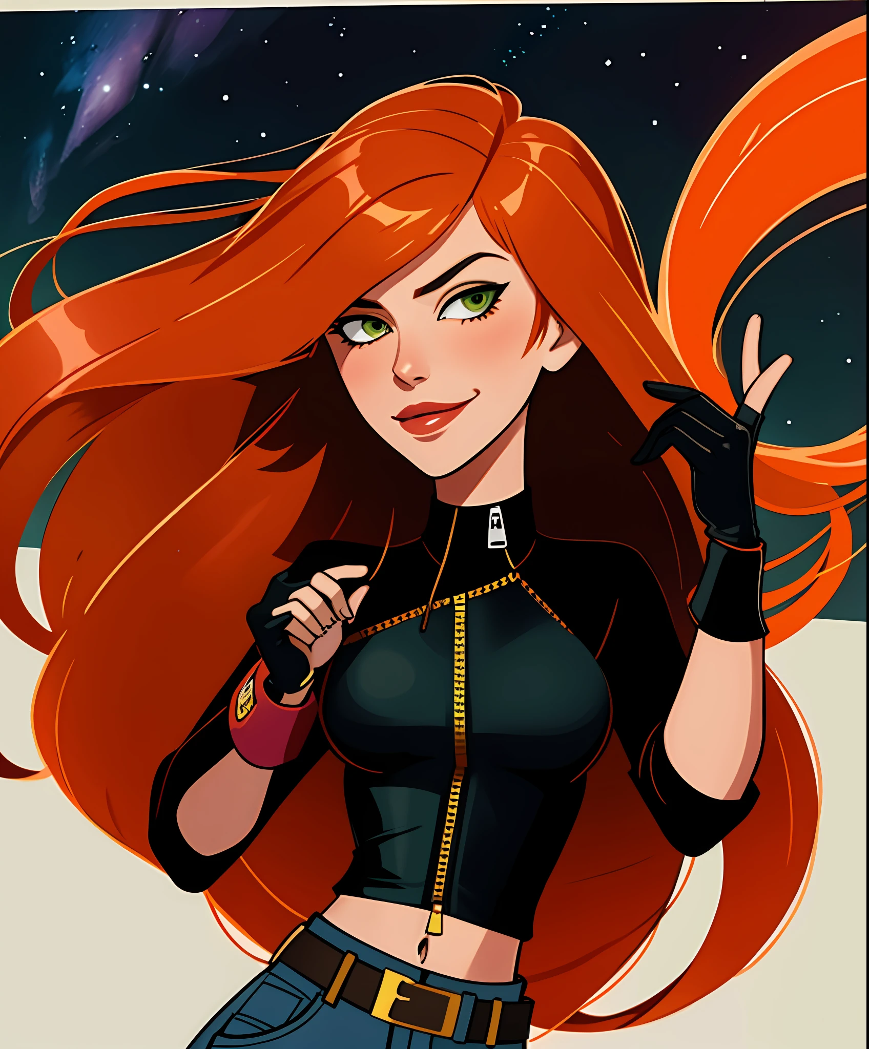 original art, lineart, ink, solo, green eyes, long hair, orange hair, kim maybe, jeans, black top, black gloves, midriff, belt, night sky background, sexual expression, blush, small breasts, unzipped, 5 fingers, portrait, sensual smile, seductive