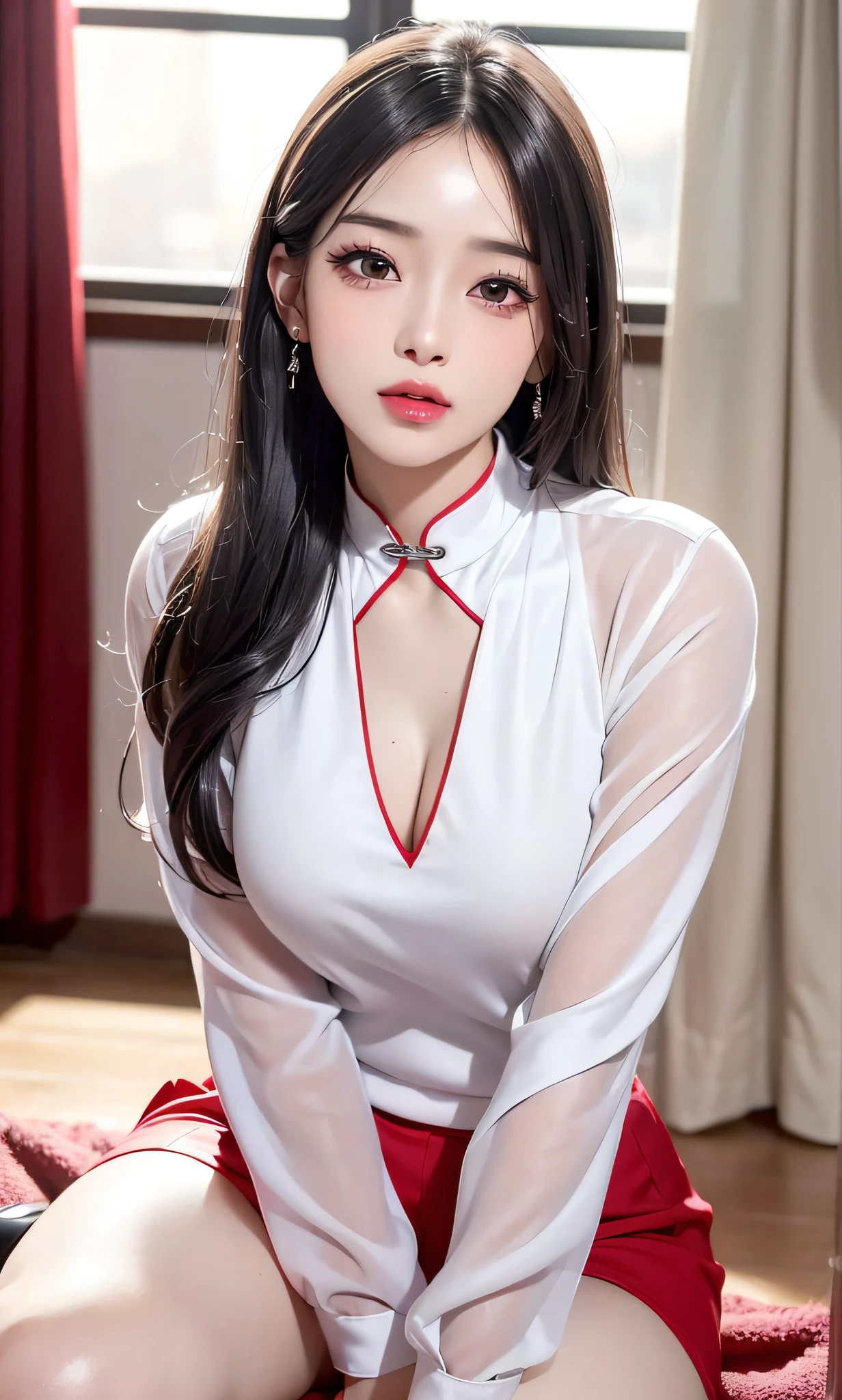 (8k, RAW photo, photorealistic:1.25) ,( lip gloss, eyelashes, glossy side, shiny skin, best quality, super high resolution, depth of field, chromatic aberration, caustic, wide light, natural shadow, Kpop idol) In the room, European style, sitting, long silver hair, white cheongsam, red trim, medium chest