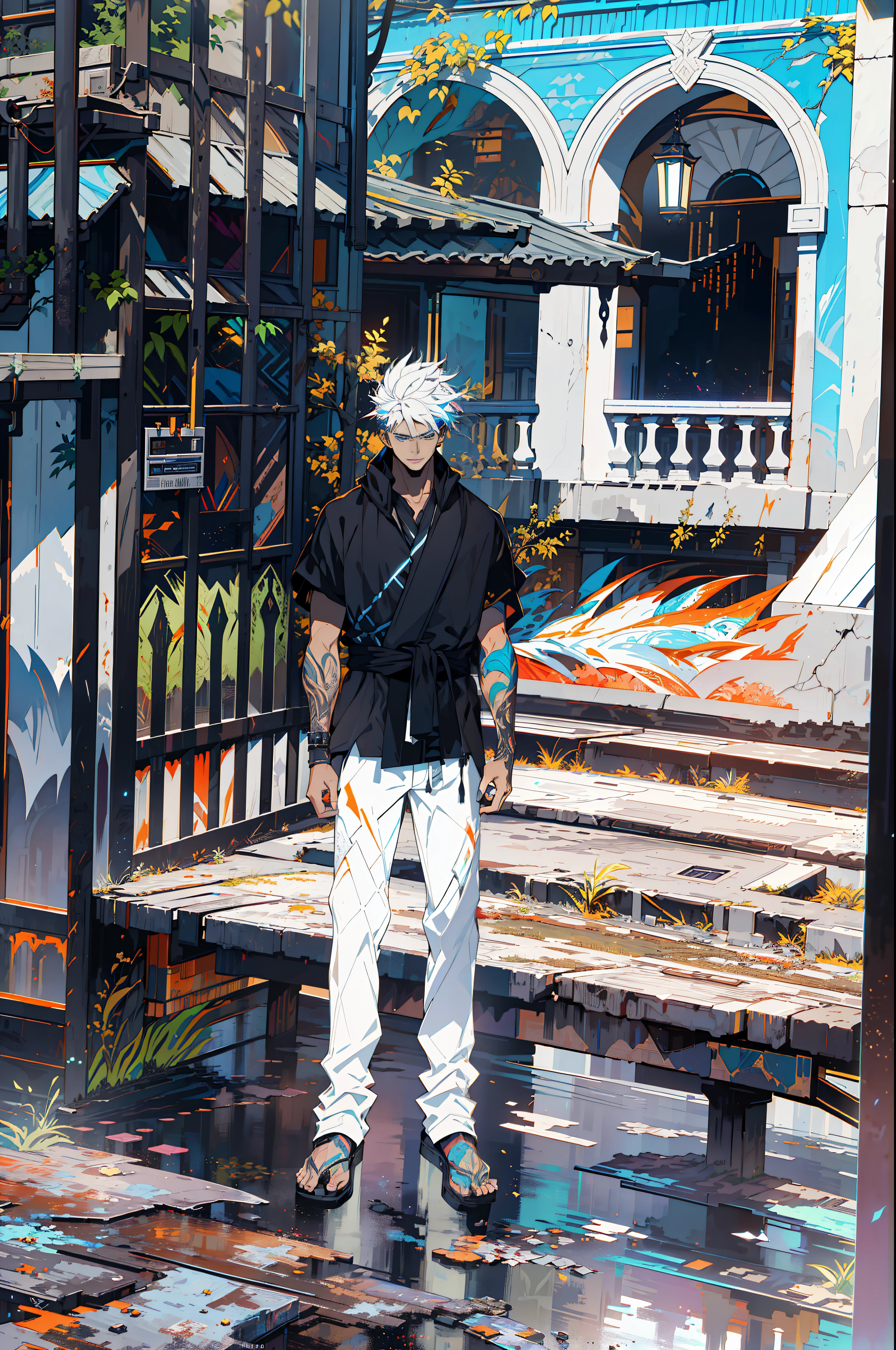 Cyberpunk male, fantasy world, dark background, clean design, epic instagram, artstation, colorful paint splatter, silhouette, hyper detailed intricate details, unreal engine, fantasy, intricate details, splash screen, complementary colors, Fantasy concept art, 8k resolution, deviantart masterpiece, oil painting, heavy strokes, paint dripping, (isolated on white background: 1.3), rainbow skin, (((handsome young man))), ((age:1.5) ), (glowing blue eyes), ((light eyes)), ((((short white hair: 1.1))), ((black clothes)), (prince\\(indifferent expression\\),, ( ((Wears high detail luxurious black robe))), white hair, frost magic, ((chest) --v 6