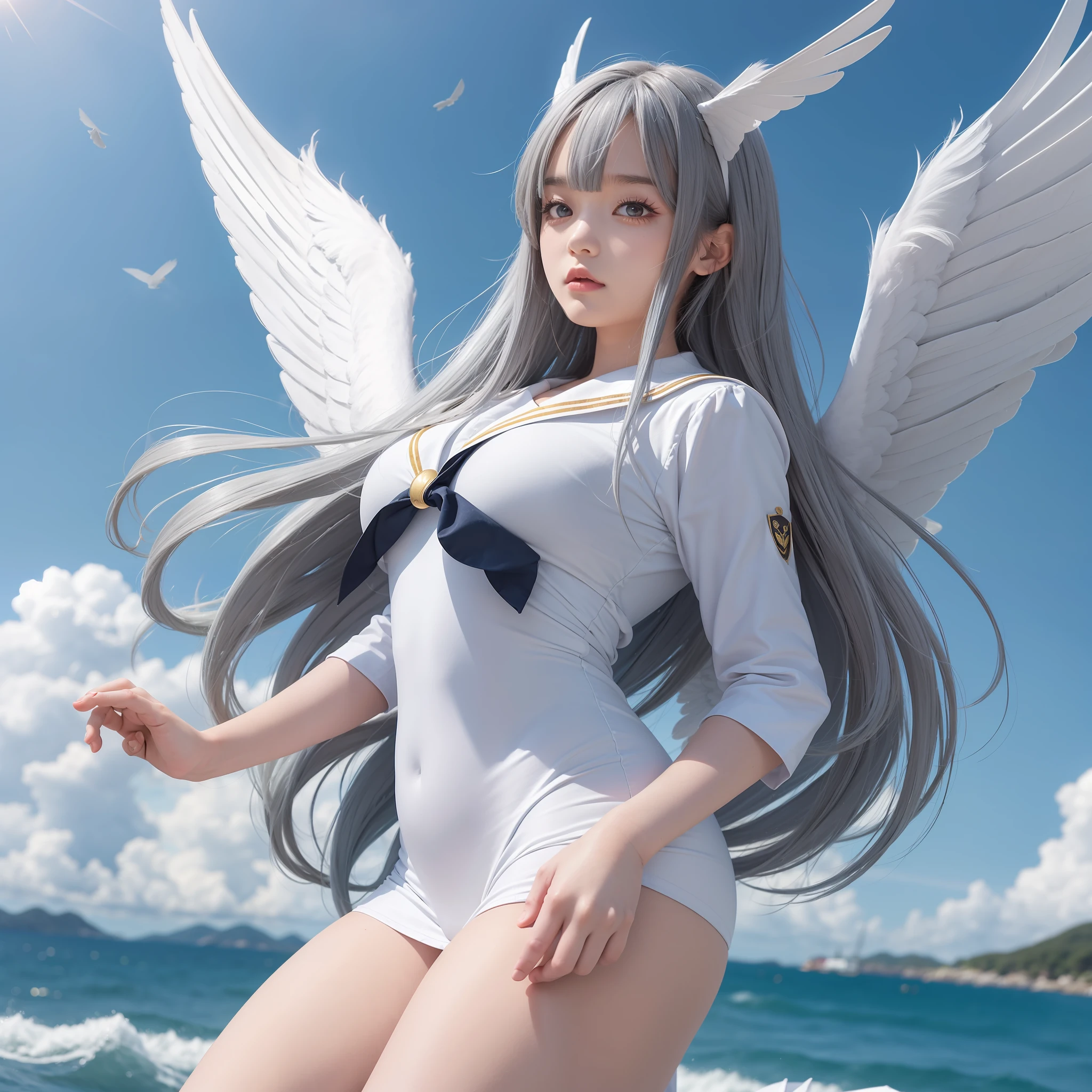 Best image quality, SLR, 1 girl (), Big (1.55), sailor suit, big wings (1.5), gold-eyed, white wings, best body, Japan person, gray hair, long hair, body line, plump body type, symmetry, beautiful feathers