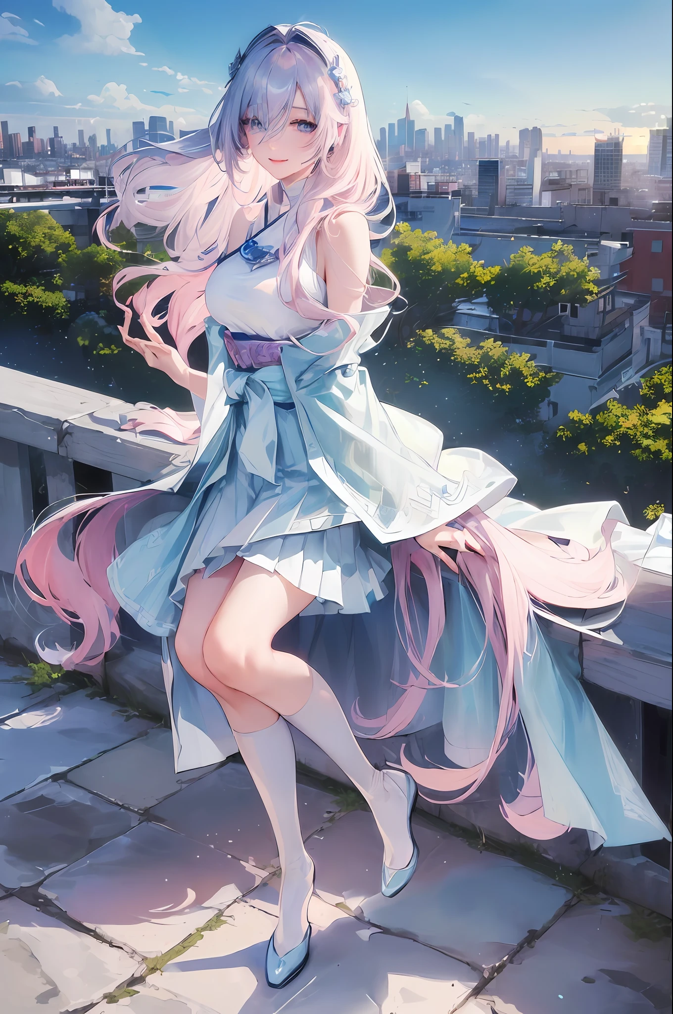 official art, masterpiece, sharp focus, (beautiful gorgeous cute Korean woman:1.3), (beautiful cute korean:1.3), korean beauty, Delicate and beautiful hair and eyes and face, realistic, ultra detailed, beautiful girl, blue sky, glow white particle, (sidelighting:1.2), sun light, white cloud, detailed clouds, slender, Lovely very large breasts and very large hips, smile with teeth, ((smile with eyes, open both eyes)), scenery, long straight hair, sexy facial expression, building, (cityscape:1.7), dynamic hair, long straight hair, detailed platinum pink hair, glow blue eyes, (blue pleated shirts + white skirt), white long socks, pale skin, hair ornament, epic scenery,