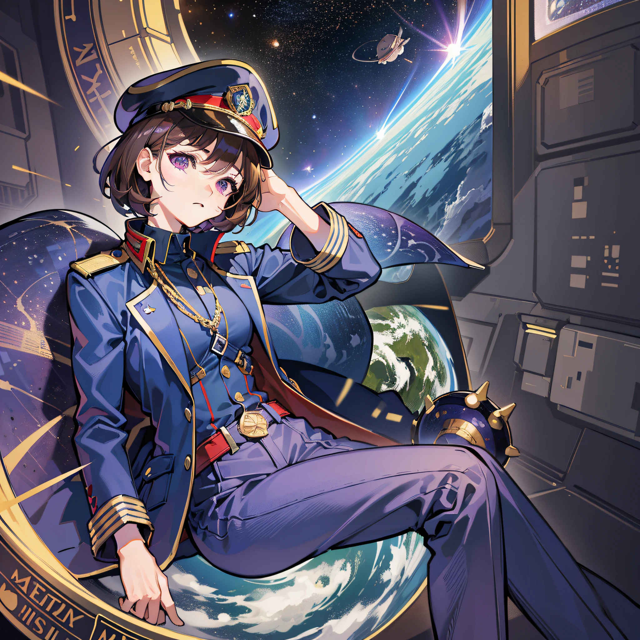 ((Masterpiece)), ((Best Quality)), ((Best Quality)), (Illustration of One Girl), Full Body, 25 Years Old, Neutral, Elite, Brown Hair, (((Short Hair)), Purple Eyes, (Tall)), (Muscular Strong Body)), ((Military Uniform)), (Military Hat)), ((Military Coat)), (Dark Blue Clothes), (Dark Blue Trousers), (((Red Hat)), Trench Coat, (Inside the Spaceship)), (Outside the Window, Space, Earth seen from space, spaceport)