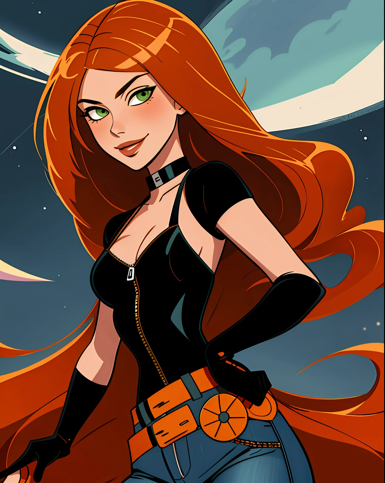 original art, lineart, ink, solo, green eyes, long hair, orange hair, kim maybe, jeans, black top, black gloves, midreef, belt, night sky background, sexual expression, blush, small breasts, unzipped, 5 fingers, décolleté, seductive smile, sensual