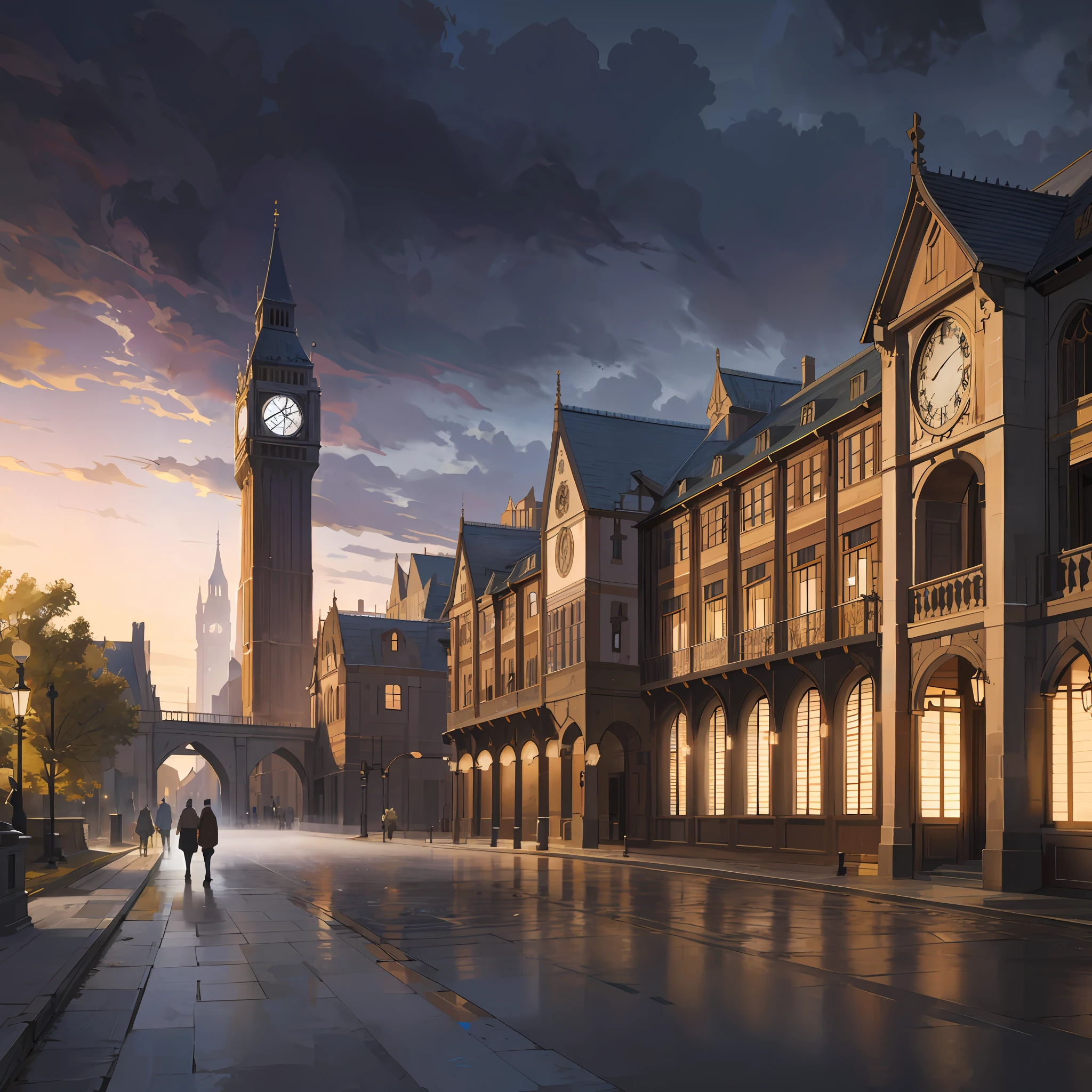 Street and clock tower illustration, 32k UHD, fog, correction and enhancement of decorations and window details, magnificent composition, realistic lighting HD detail masterpiece top quality, no one