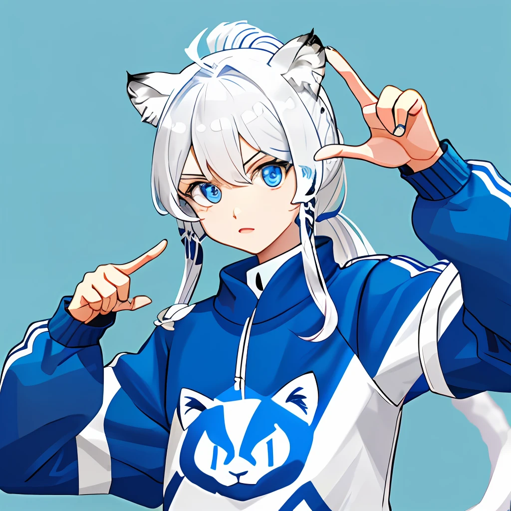White double ponytail, sky blue eyes, small tiger teeth, cat ears, blue and white sweatshirt