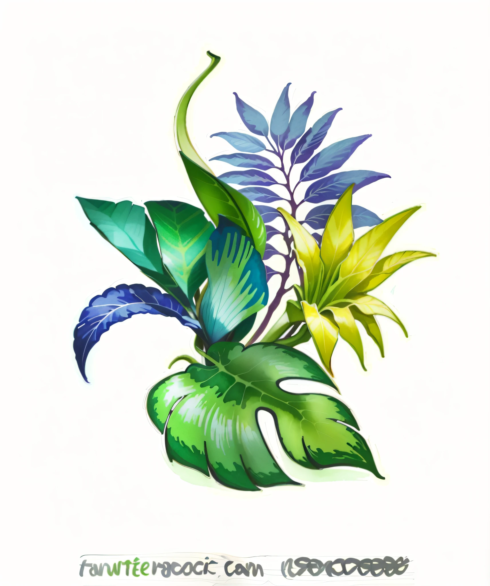 a vector illustration of a tropical plant with leaves, colorful tropical plants, tropical leaves, tropic plants and flowers, tropical plants, tropical foliage, botanic foliage, fantasy flowers and leaves, ( ( fantasy plants ) ), vibrant colorful green leaves, vibrant foliage, stylised illustration, banana plants drawing, watercolor artwork of exotic, colored illustration, detailed beautiful plants, fronds