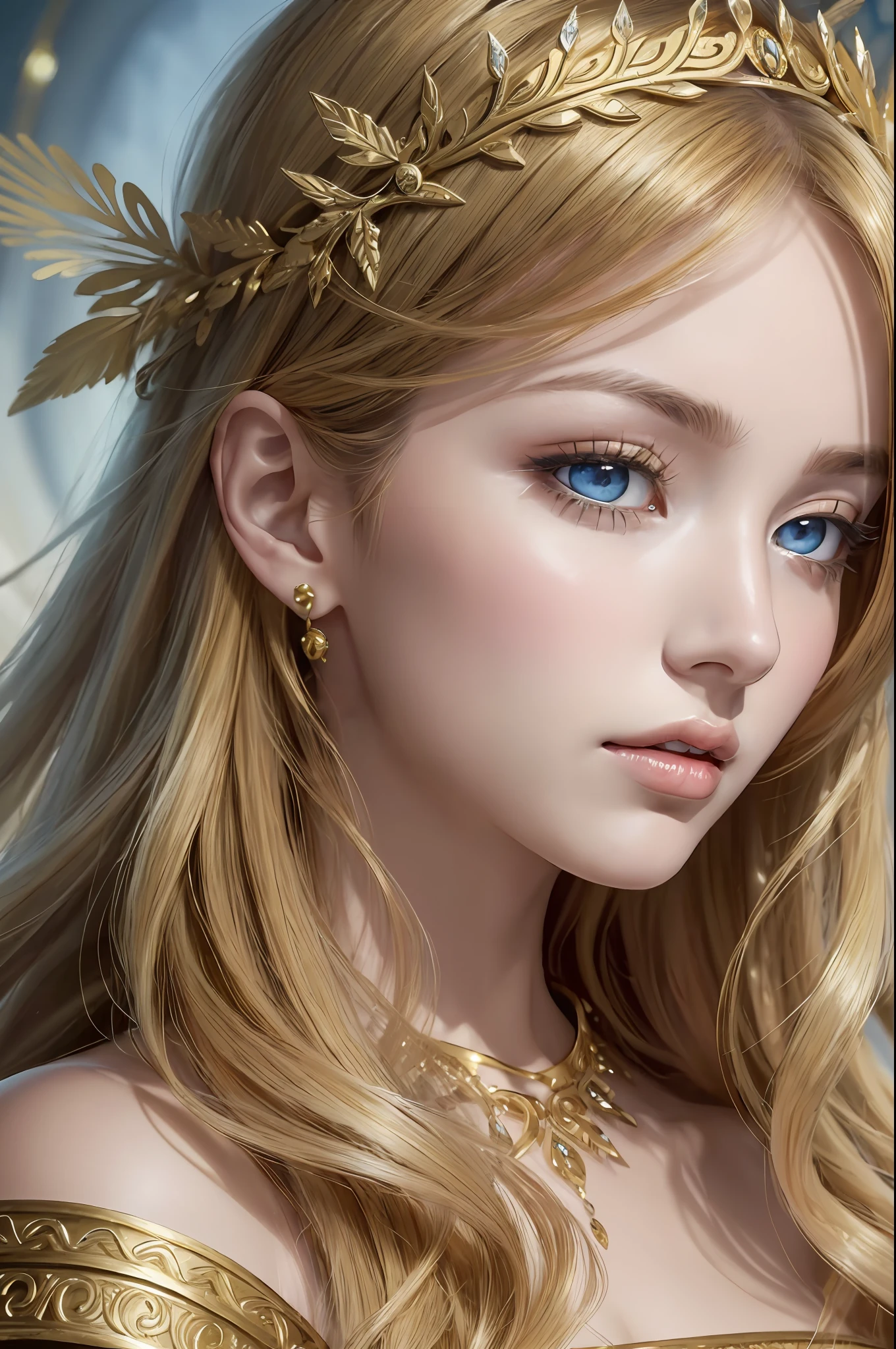 ( Absurd, High quality, ultra-detailed, masterpiece, concept art, smooth, highly detailed artwork, hyper-realistic painting )beautiful eyes(eyes detailed), Greek mythology, Helen of Sparta, princess Helen, the most beautiful woman in the world, beauty was extraordinary, enchanting, with radiant features and a flawless complexion, lovely, mesmerizing eyes that held a magnetic charm, drawing people towards her, Golden hair color, cascading down her shoulders in waves, her beauty became a source of conflict and tragedy