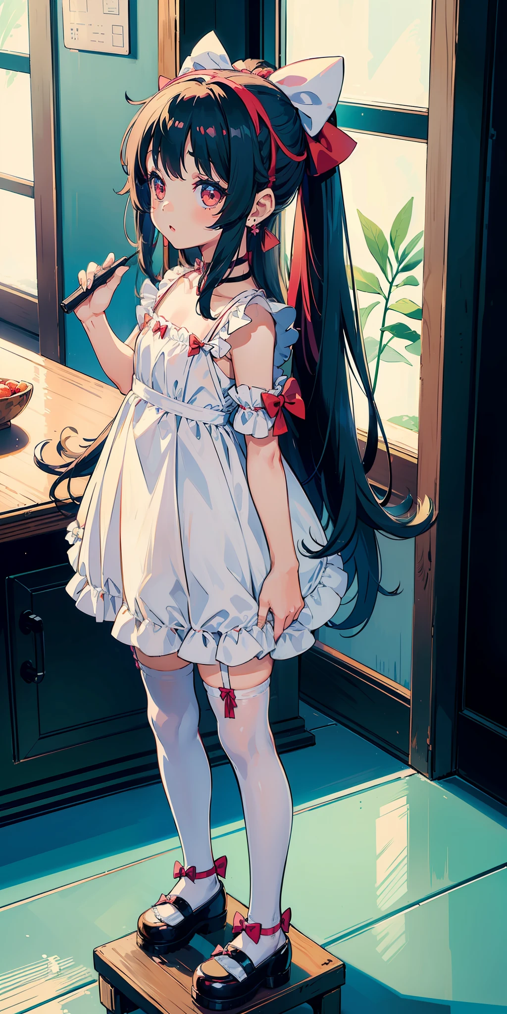 (((a little girl))), ((long hair)), cute, kawaii, (slip dress with bow)), short sleeves, (bow hair accessories), earrings, (cute), high quality, masterpiece, ((young)), moe, (stockings)), ((leg ring)), ((color inner hair)), (((standing)))