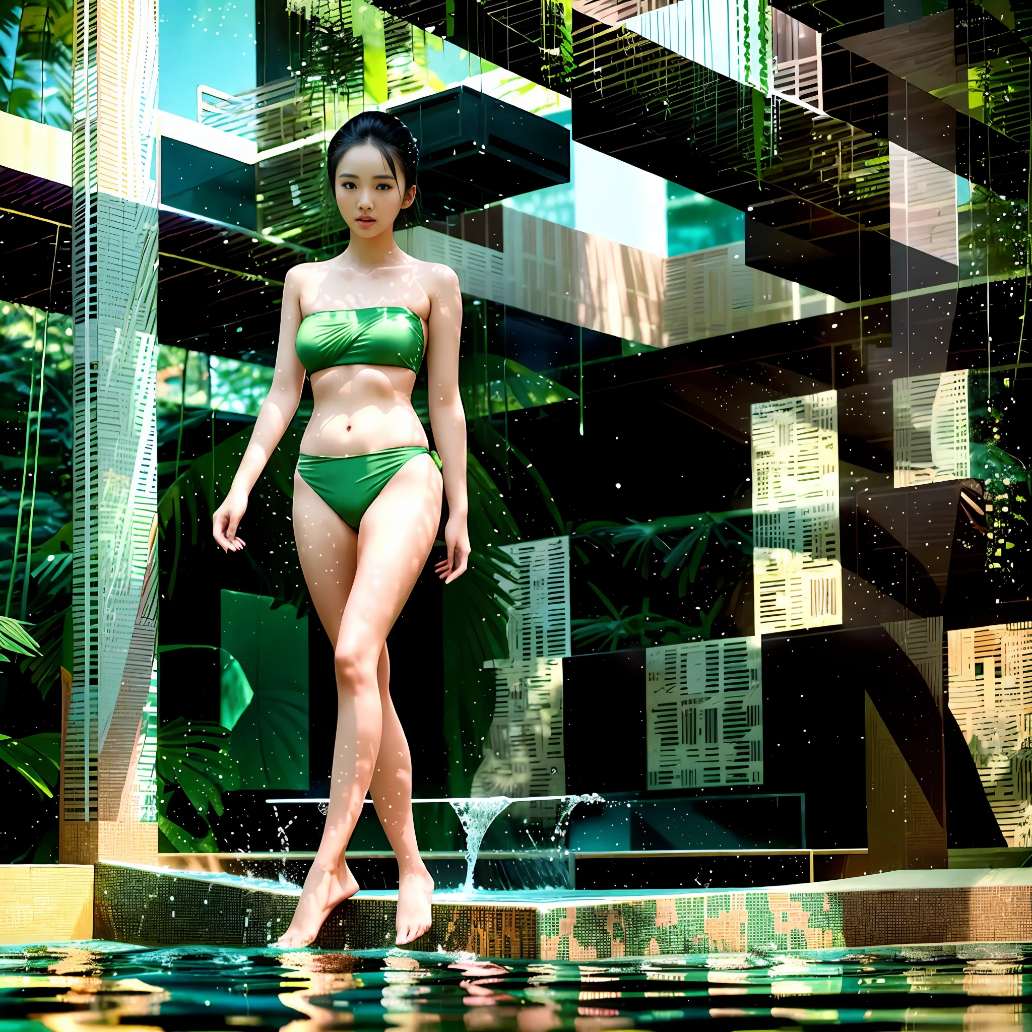 there is a woman in a green bikini standing in a pool, green swimsuit, green bikini, wearing two - piece swimsuit, in a luxurious pool, gorgeous chinese model, on a sunny day, gorgeous young korean woman, xintong chen, jiyun chae, jia, shot on leica sl2, jessica, heonhwa choe, ji-min