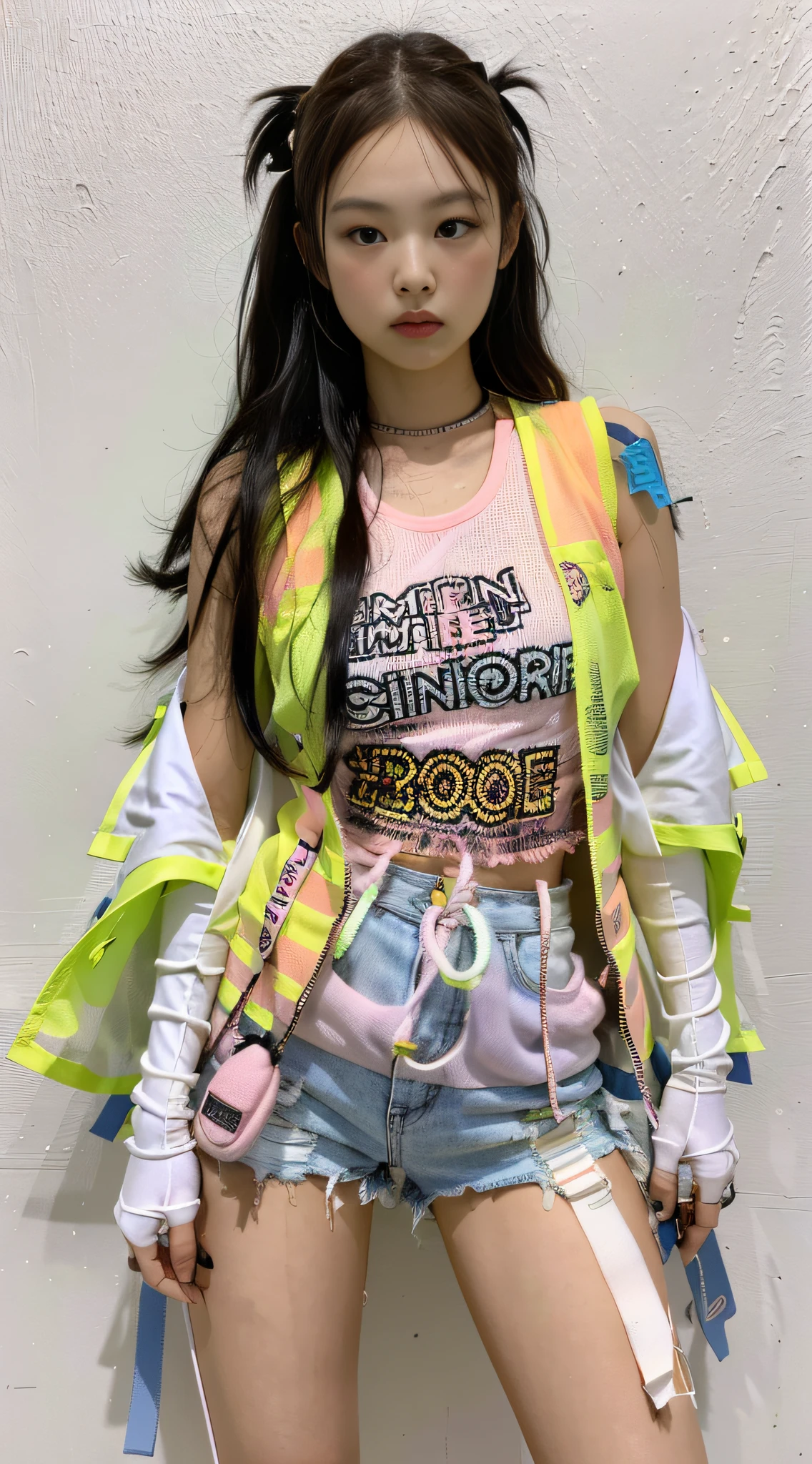 Kim Ji-ni Jennie face, wearing a fluorescent orange vest, short, light blue shorts, sexy, cute, white socks, white wall, full body photo