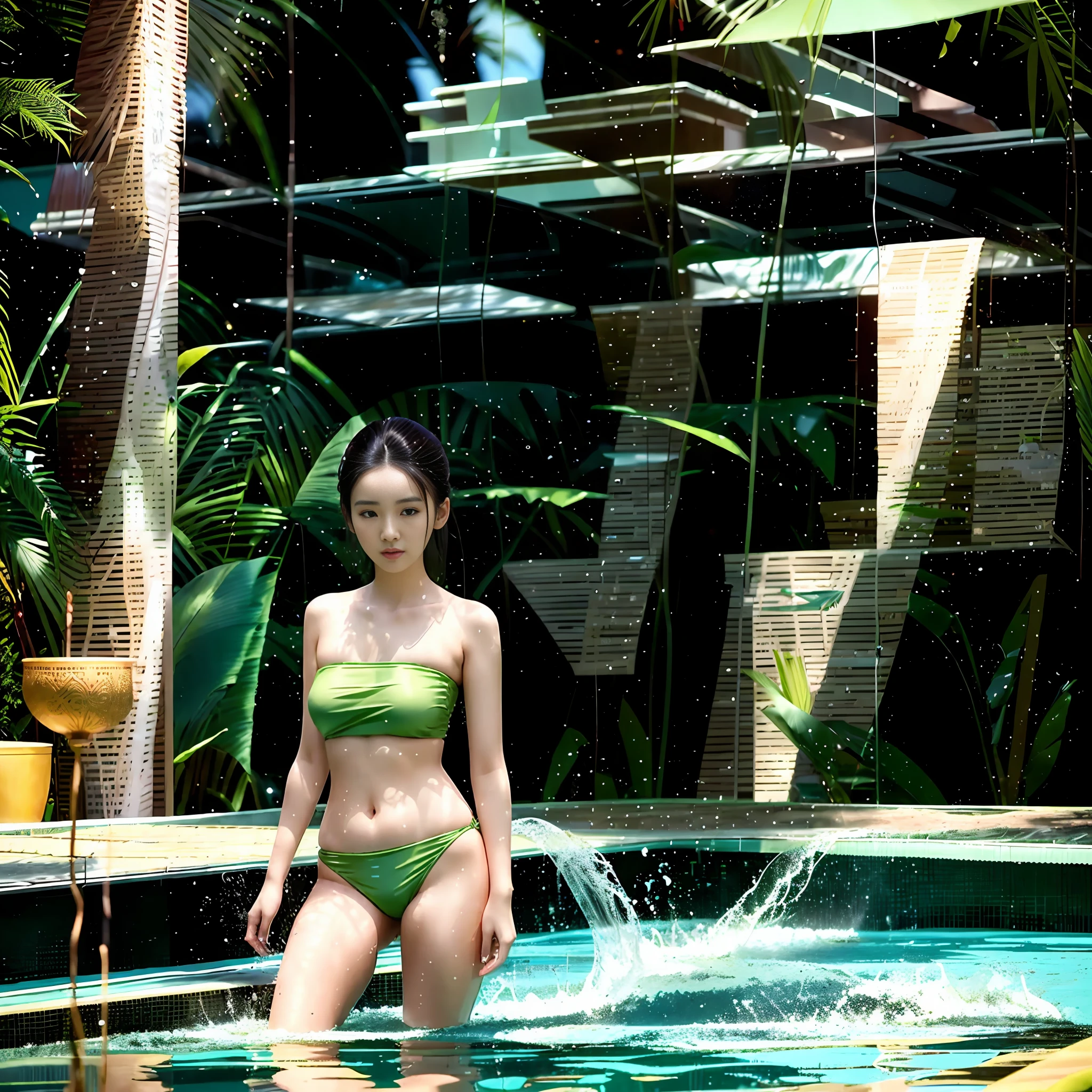 there is a woman in a green bikini standing in a pool, green swimsuit, green bikini, wearing two - piece swimsuit, in a luxurious pool, gorgeous chinese model, on a sunny day, gorgeous young korean woman, xintong chen, jiyun chae, jia, shot on leica sl2, jessica, heonhwa choe, ji-min