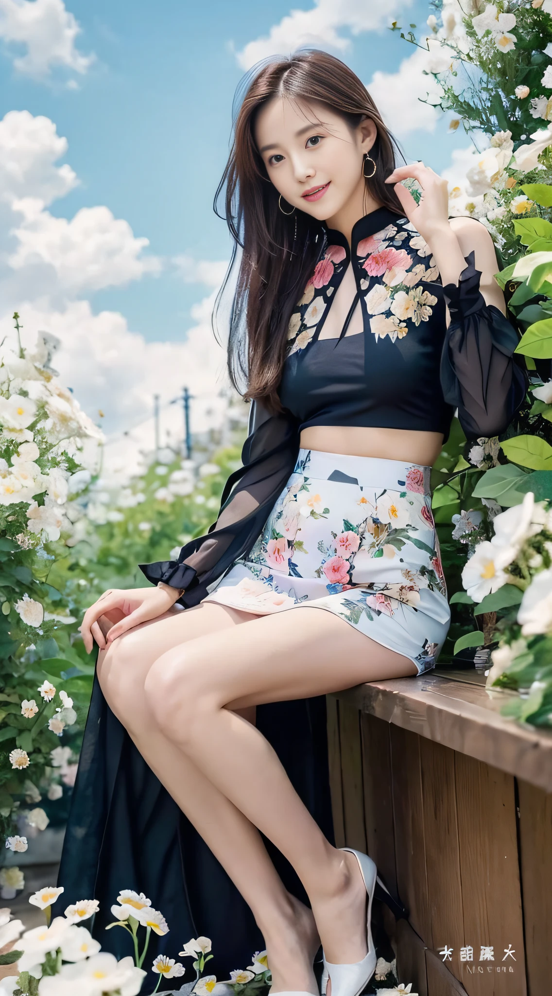 ((Best Quality, 8K, Masterpiece: 1.3)), Focus: 1.2, High School Girl, Motorcycle Pilot, Perfect S-Shaped Body, (Firm Eyes) (Cute), Delicate Face, Long Hair Waist Length, Long Hair Flowing, Head Tilted, Smile, Hair Details, Delicate Full Body Portrayal, Delicate Face Portrayal, Best Image Quality, High Resolution, Detailed Background, Delicate Characterization, Delicate Details, Rich Details, Face Enhancement, (Black Short Top, Floral Midi Skirt), Blue Sky and White Clouds, Sitting Among the Flowers, Wooden House, There are no bags under the eyes