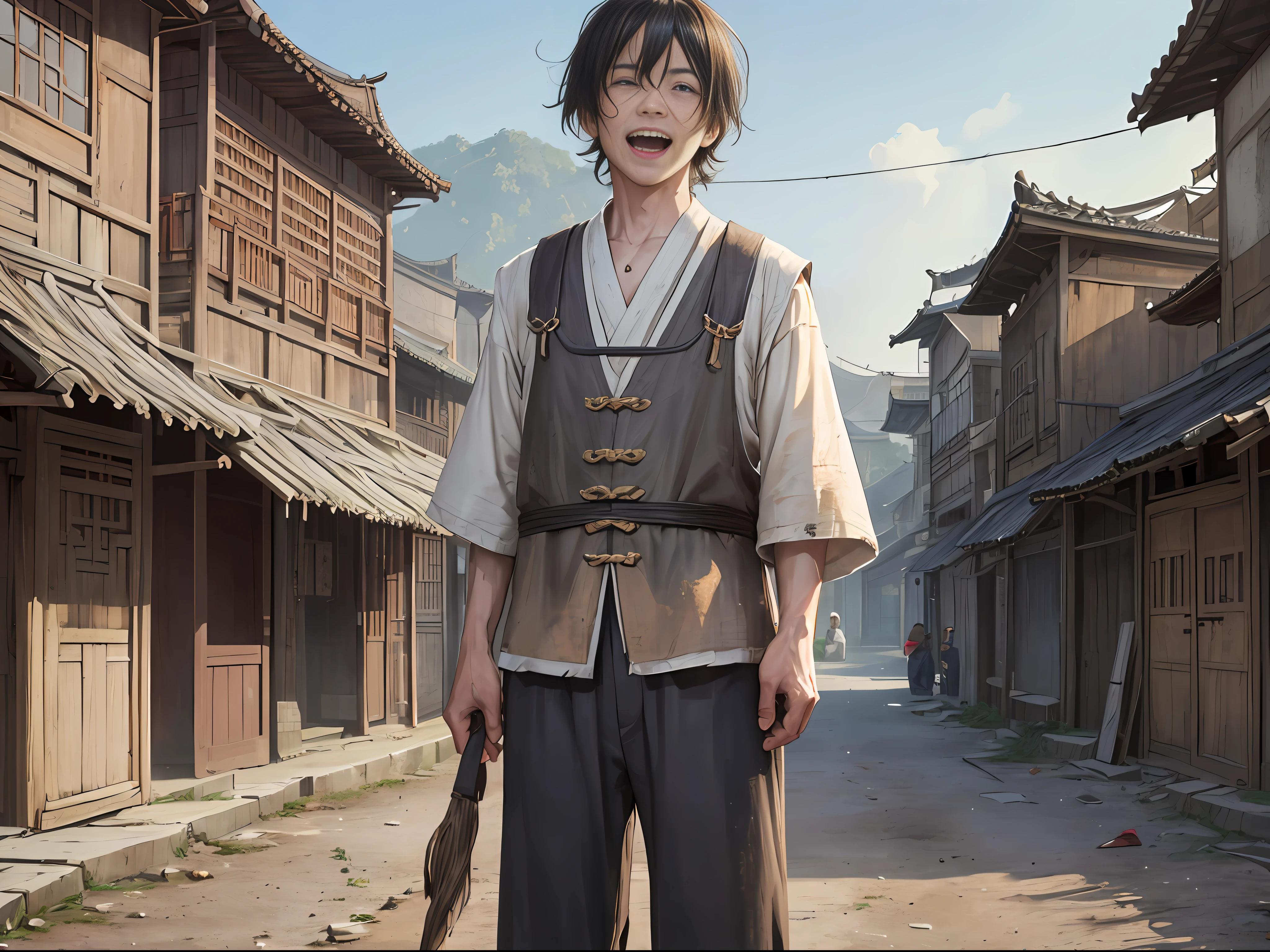 1 man, silly, crazy, village entrance, thin, shabby clothes, dirty, laughing, dusk ((ultra-realistic details)), Chinese Republic of China style, panorama, full body, global illumination, clear facial features, short black hair, shabby clothes, sloppy, 8k