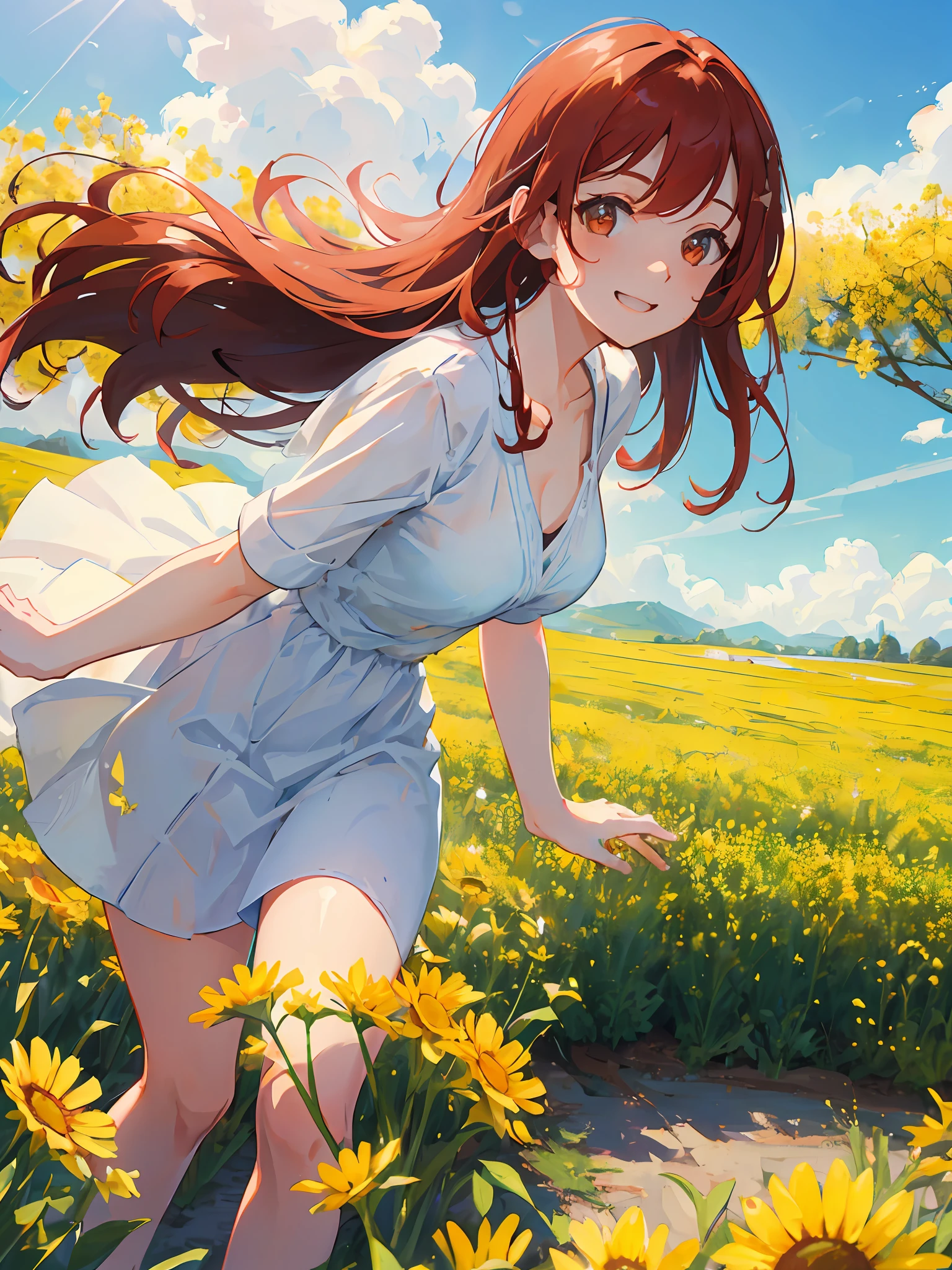 1girl, she wears white summer clothes, red hair flying in the wind, she walks through vast fields of yellow flowers, bright blue sky and sunlight, perfect breasts, nice hands, she holds the hand of the viewer and smiles at him, wholesome, happy, raytracing, ultra detailed environment,