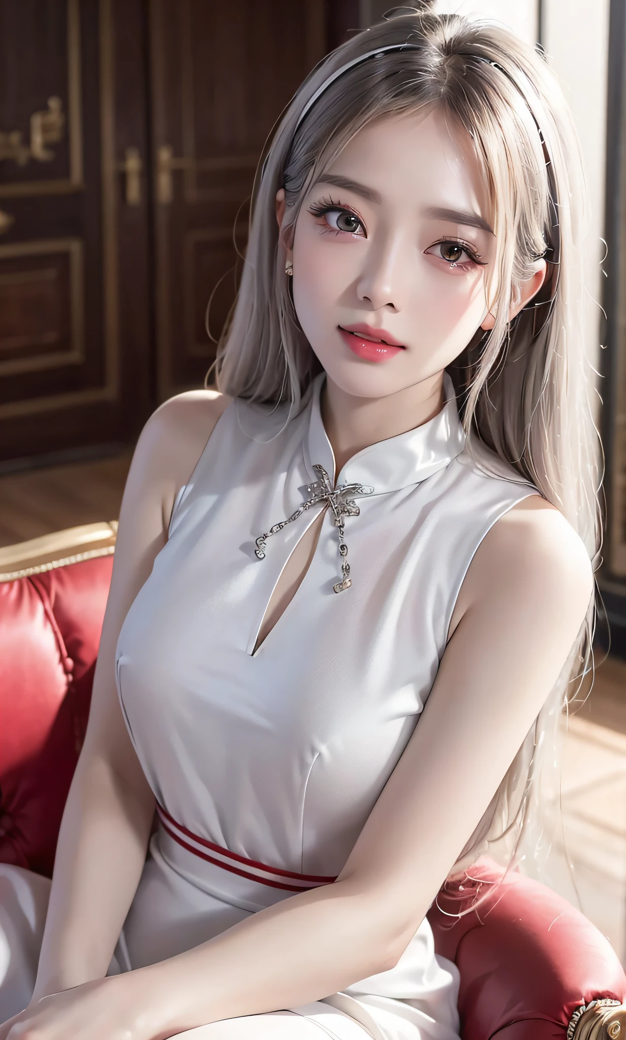 (8k, RAW photo, photorealistic:1.25) ,( lip gloss, eyelashes, glossy side, shiny skin, best quality, super high resolution, depth of field, chromatic aberration, caustic, wide light, natural shadow, Kpop idol) In the room, European style, sitting, long silver hair, white cheongsam, red trim, medium chest