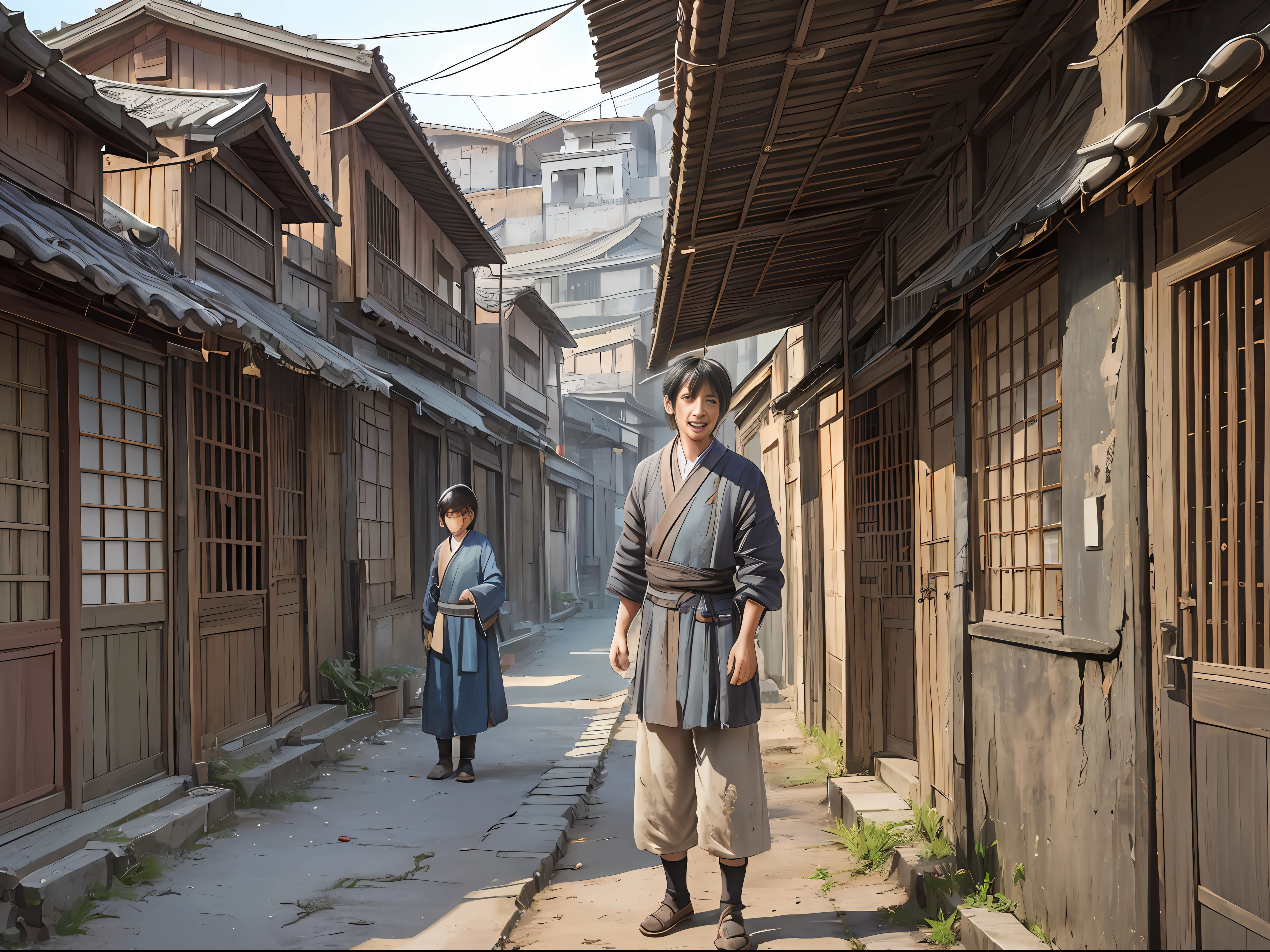 1 man, silly, crazy, village entrance, thin, shabby clothes, dirty, laughing, dusk ((ultra-realistic details)), Chinese Republic of China style, panorama, full body, global illumination, clear facial features, short black hair, shabby clothes, sloppy, 8k, normal facial features