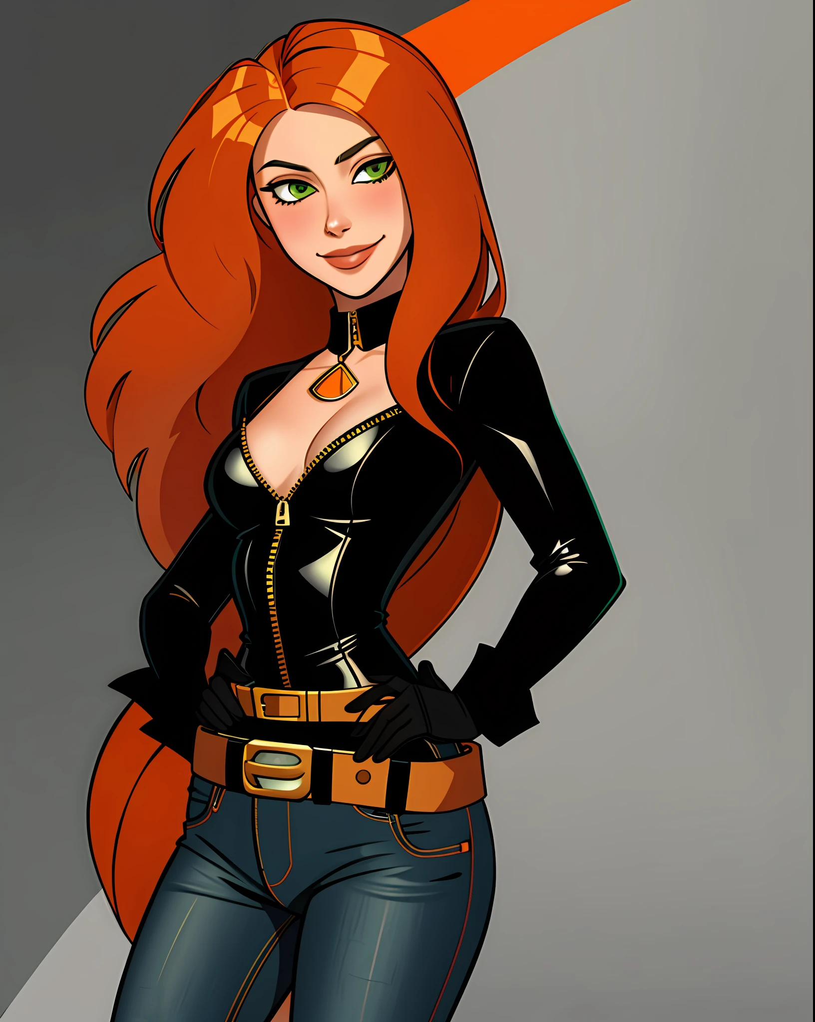 original art, lineart, ink, solo, green eyes, long hair, orange hair, kim perhaps, jeans, black top, black gloves, midreef, belt, bedroom background, sexual expression, blush, small breasts, unzipped, 5 fingers, décolleté, seductive smile, sensual