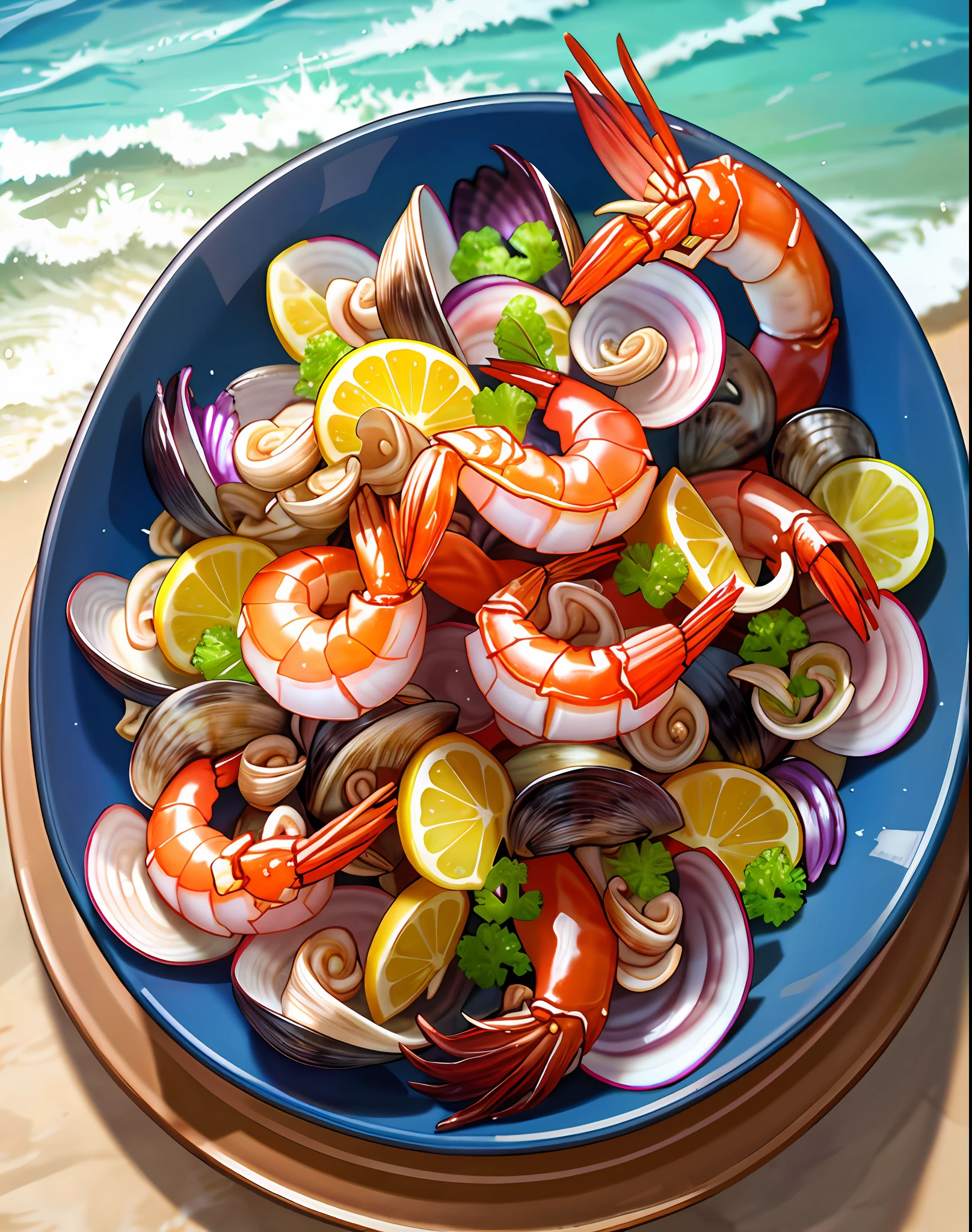 Create a plattery seafood art with clams barnacles Navalheira Shrimp highlighting the shrimp
