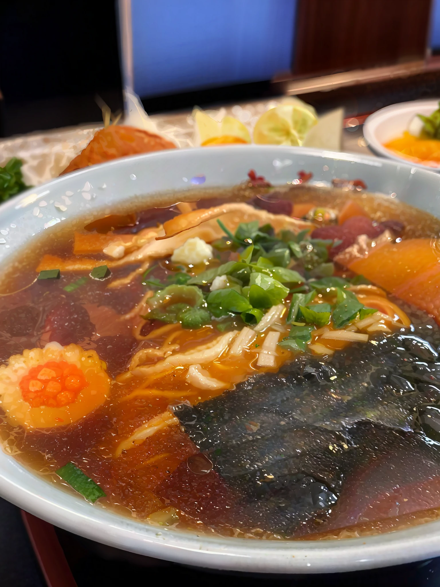 there is a bowl of soup with meat and vegetables on the table, sougetsu, ramen, yummy, by Adam Manyoki, closeup at the food, けもの, salmon khoshroo, inspired by Tan Ting-pho, inspired by Asai Chū, added detail, beautiful masterpiece, by Tom Wänerstrand
