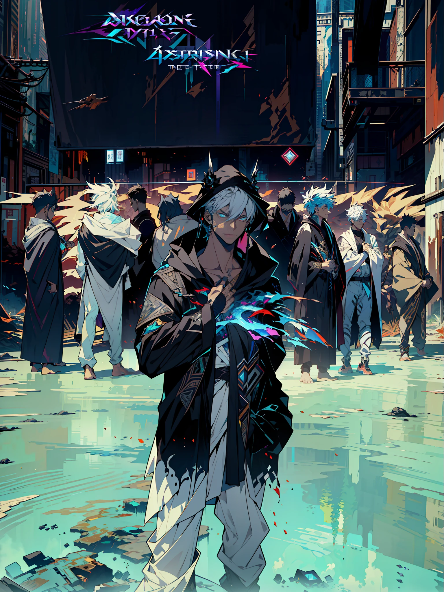 Cyberpunk male, fantasy world, dark background, clean design, epic instagram, artstation, colorful paint splatter, silhouette, hyper detailed intricate details, unreal engine, fantasy, intricate details, splash screen, complementary colors, Fantasy concept art, 8k resolution, deviantart masterpiece, oil painting, heavy strokes, paint dripping, (isolated on white background: 1.3), rainbow skin, (((handsome young man))), ((teenage:1.5) ), (glowing blue eyes), ((light eyes)), ((((short white hair: 1.1))), ((black clothes)), (prince\\(indifferent expression\\),, ( ((Wears high detail luxurious black robe))), white hair, frost magic, ((chest) --v 6