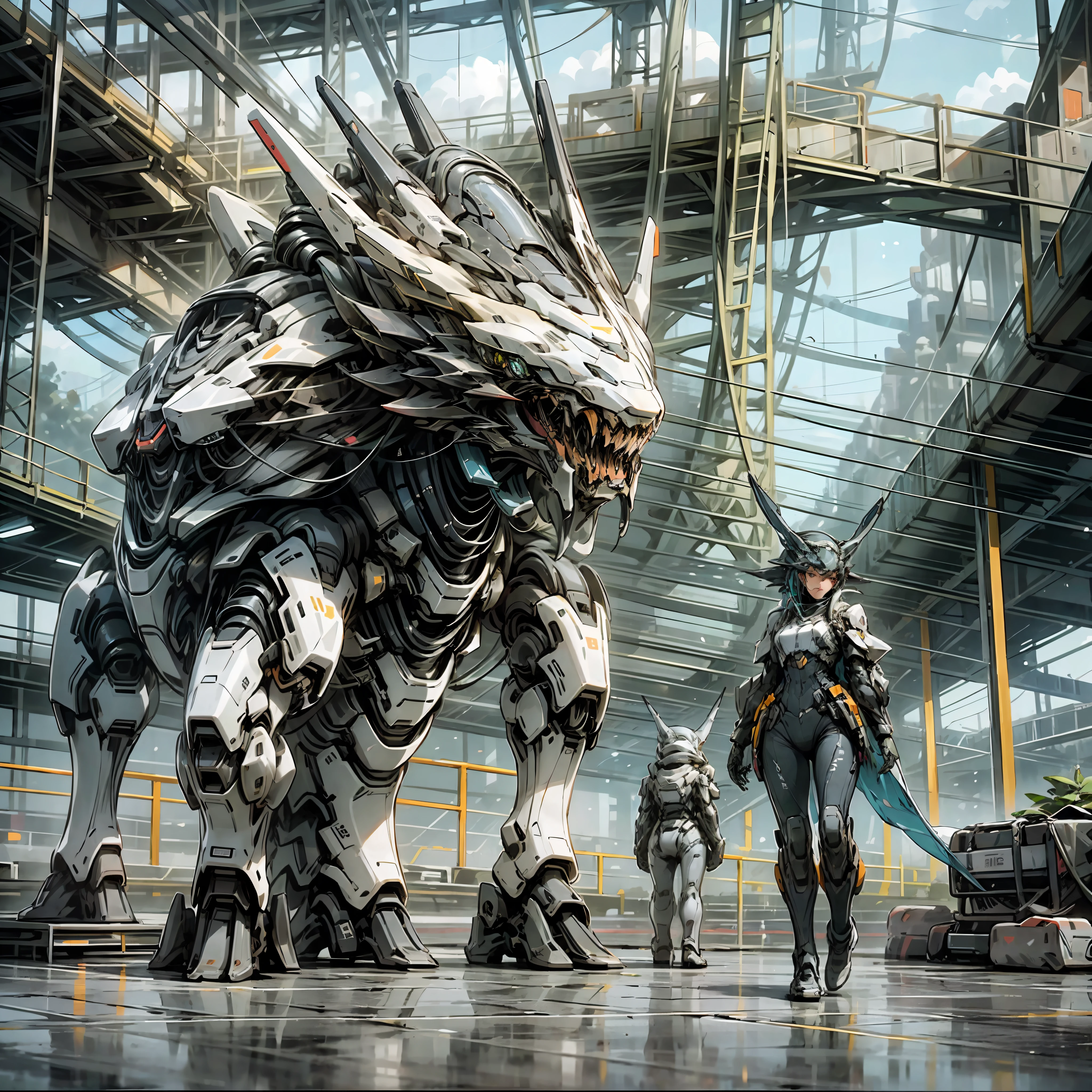 There is a woman walking in a futuristic warframe walking in a futuristic warframe, standing in front of a mecha dragon with a sword, popular on cgstation, realistic anime 3D style, Guviz style artwork, Guwiz, 3D anime reality, Sakimichan HDRI, by Yang J, beautiful digital artwork, trending on CGSTATION, Guvitz on ArtStation pixiv --auto --s2