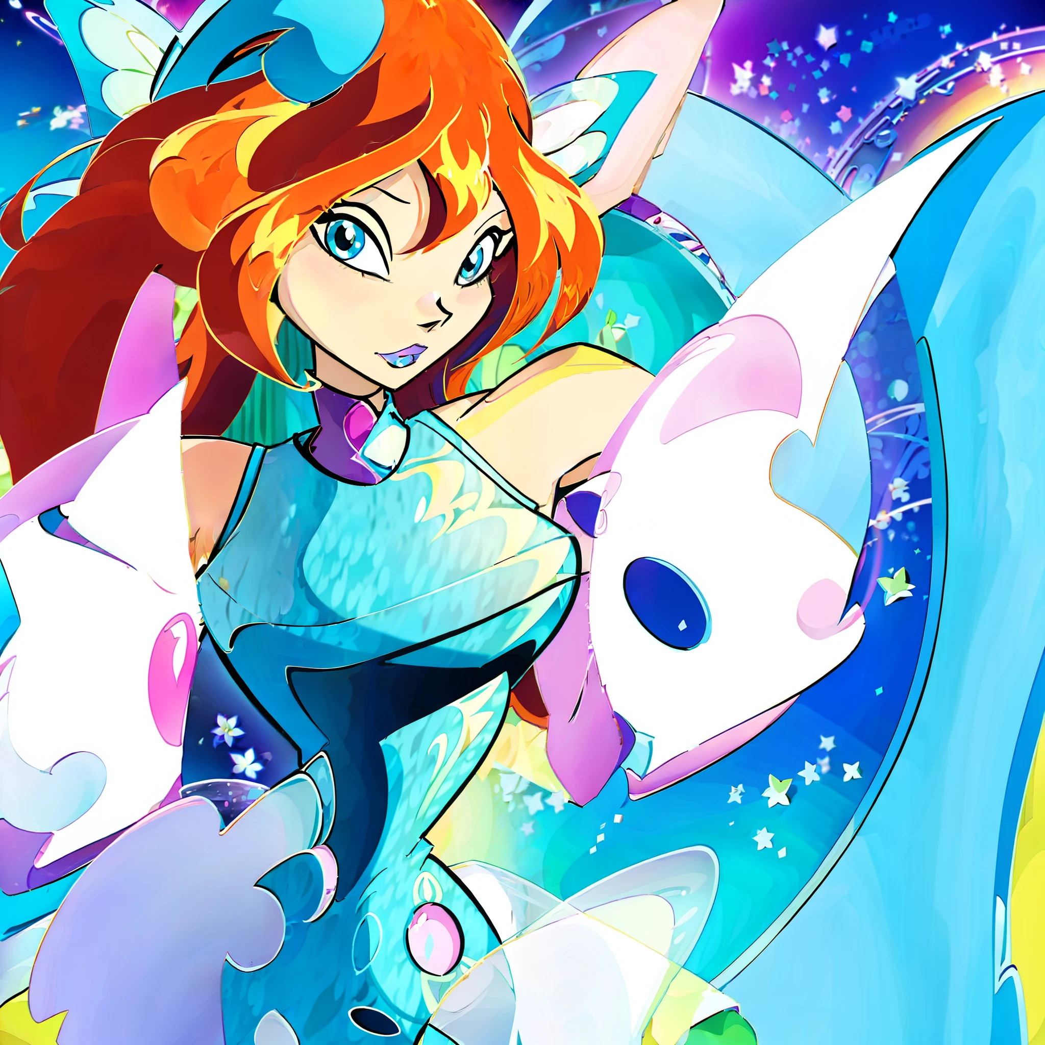 Transformed Winx drawing bloom, fairy wings, magic, all winx, fly, bilievix, orange hair, blue eyes, 18 year old girl, thin, best quality, masterpiece