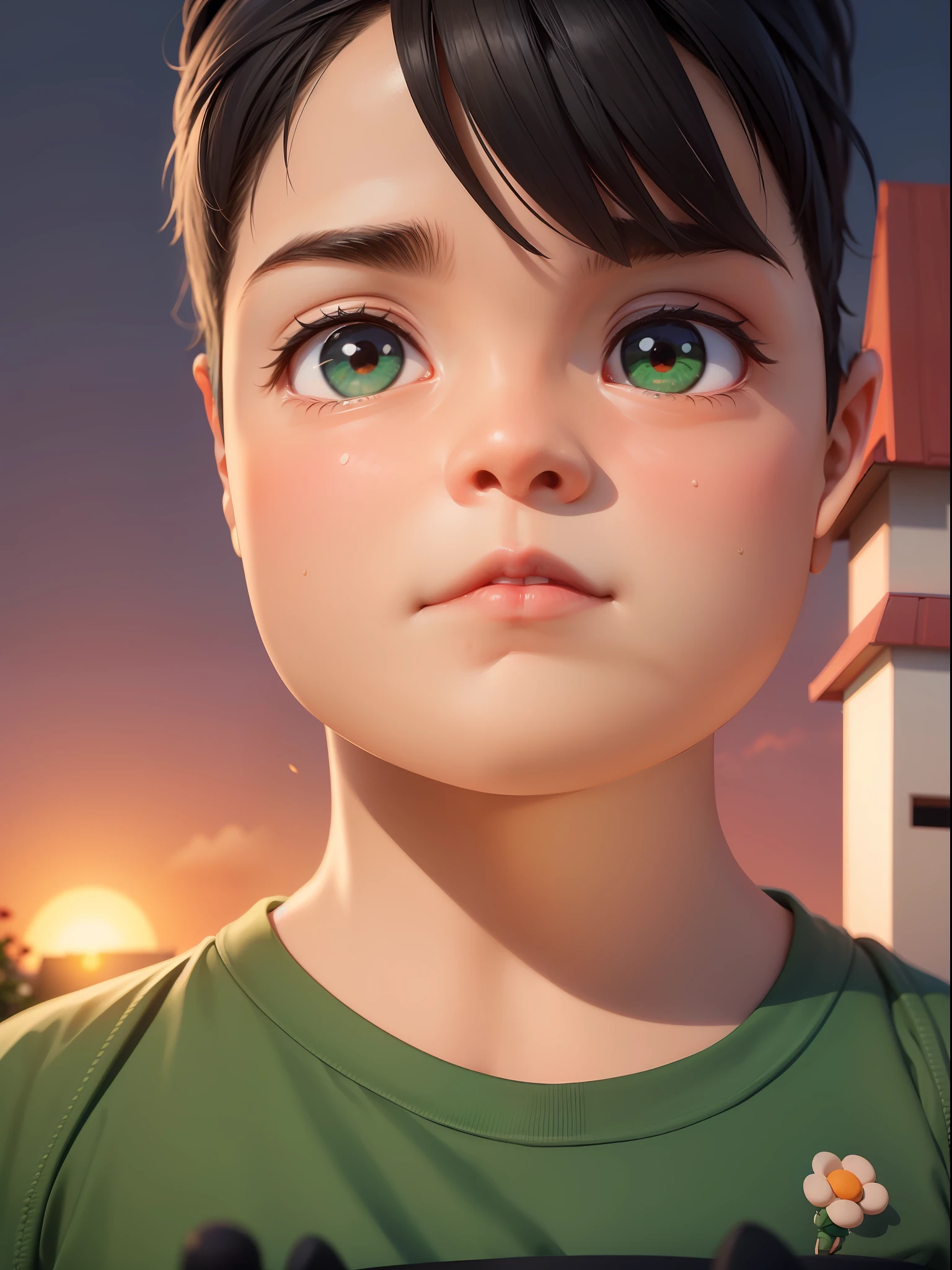 A little boy who is secretly sad and sad, sitting on the roof, full body photo, sad and unhappy, wearing green short sweatshirt, red sneakers, black hair, there is a house, flowers and plants, Miyazaki style, other small animals A happy little boy, round face, big eyes and long eyelashes, sunset and sunset, do not look at the camera to see the distance