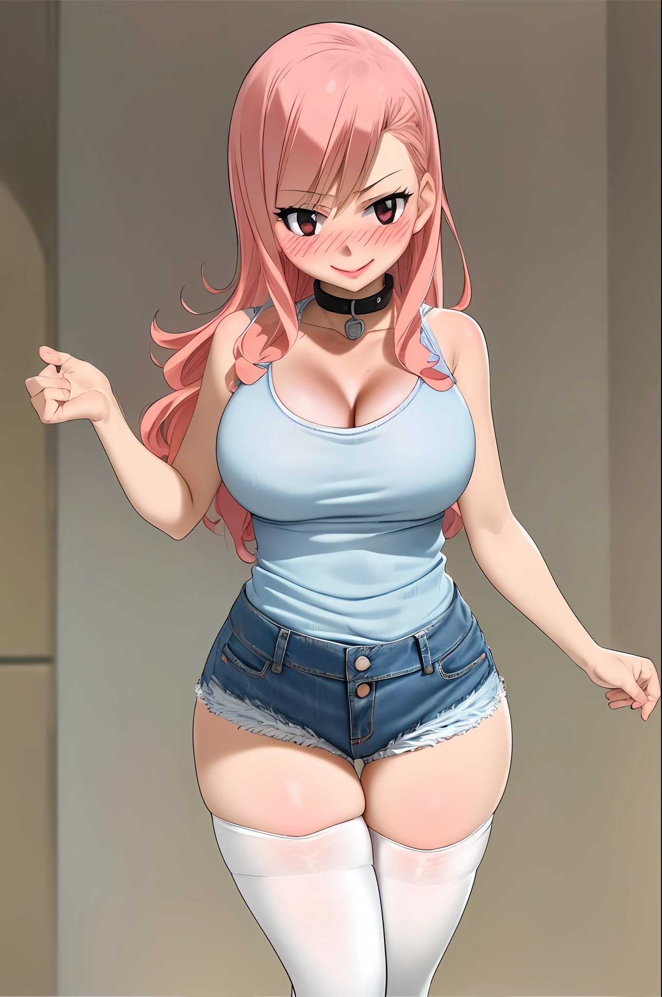 beautiful,masterpiece, best quality,breasts,wave,(denim short shorts,tank top:1.3),thighhighs,extremely detailed face,(white thighhighs:1.4),open mouth,perfect lighting,(smile:1.3),(collar:1.1),(heavy blush:1.4),pink hair,indoors,bedroom,choker,looking at viewer,(1girl:1.3),solo,sharp focus