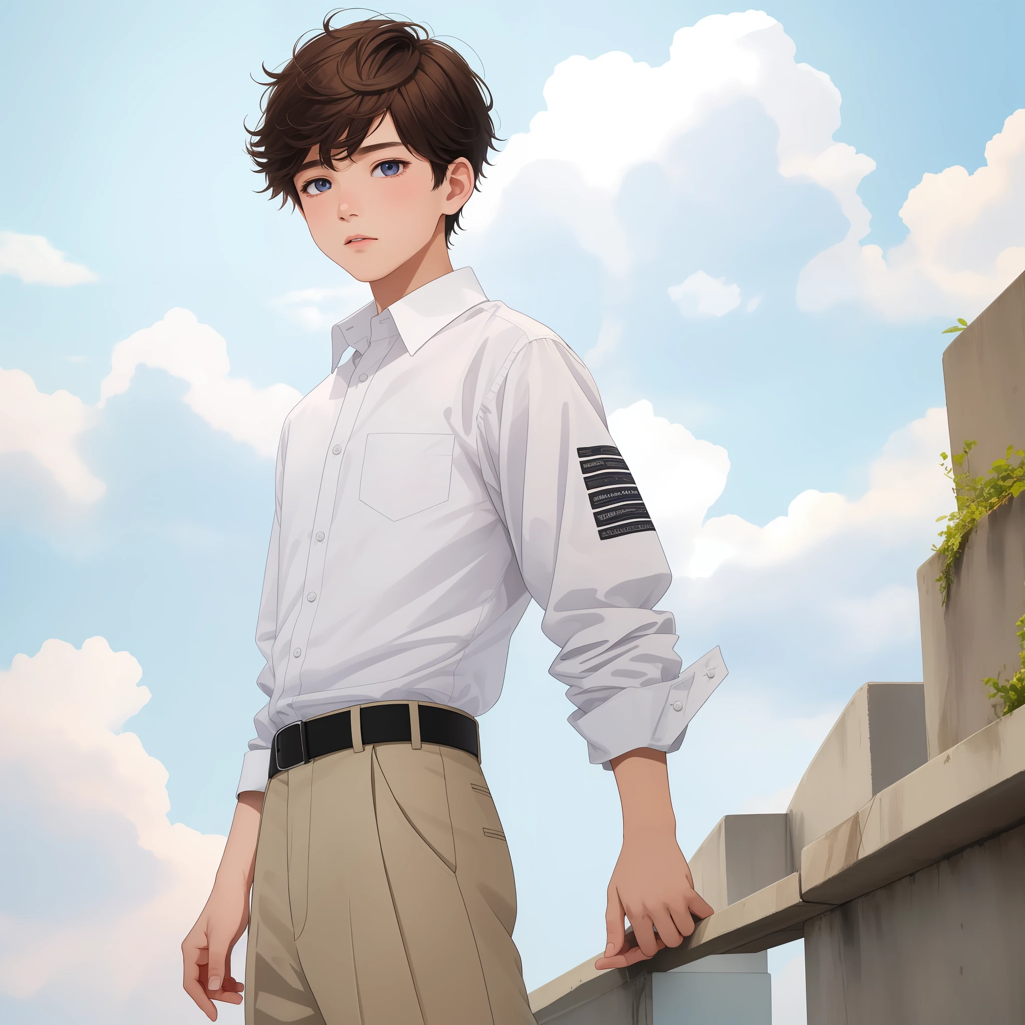 1boy, (ink primitive art: 1.2), (line art: 1.33), (best quality, masterpiece), superlative, teenage male, boy, boy, short hair, white skin, white shirt, trousers, muscles, petite, bright, clouds, wind, urban, colorful, outdoor, full body, simple background, brunette hair (beautiful detailed face, beautiful detailed eyes), hands relaxed, head slightly raised,